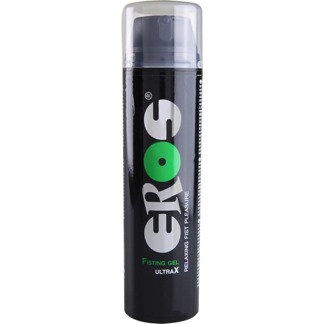 Schwarze Flasche mit weißem "EROS"-Logo und grünem Punkt. "Fisting Gel Ultra X"-Text. Transparenter Deckel.