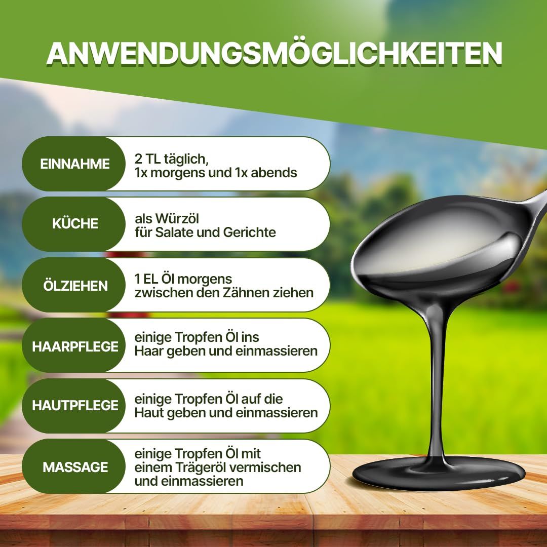 Anwendungsmöglichkeiten: Einnahme, Küche, Ölziehen, Haarpflege, Hautpflege, Massage. Text auf grünem Hintergrund, Löffel mit Öl.