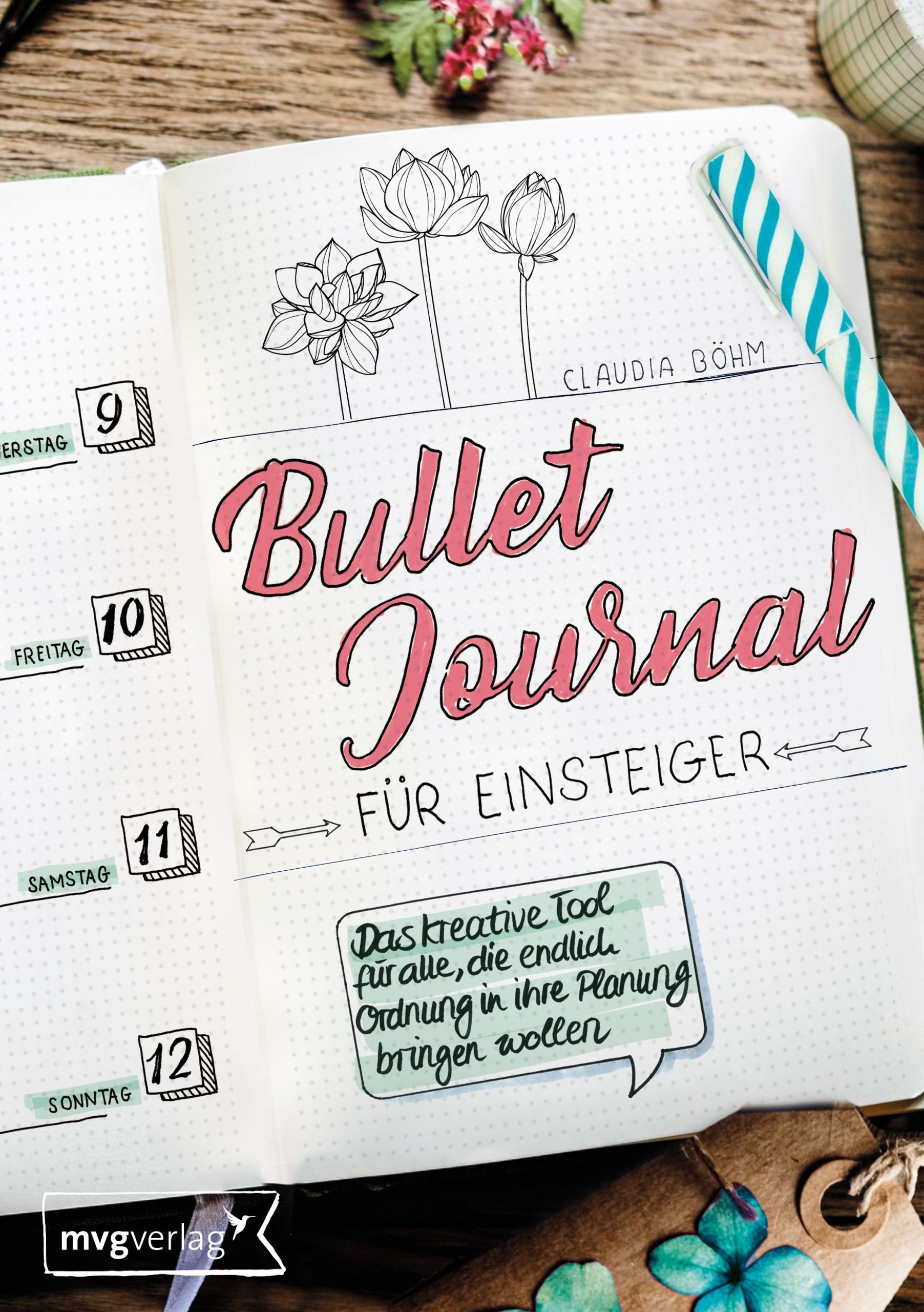 Geöffnetes Notizbuch mit floralen Illustrationen und dem Titel "Bullet Journal für Einsteiger". Enthält Datumsangaben und Text.