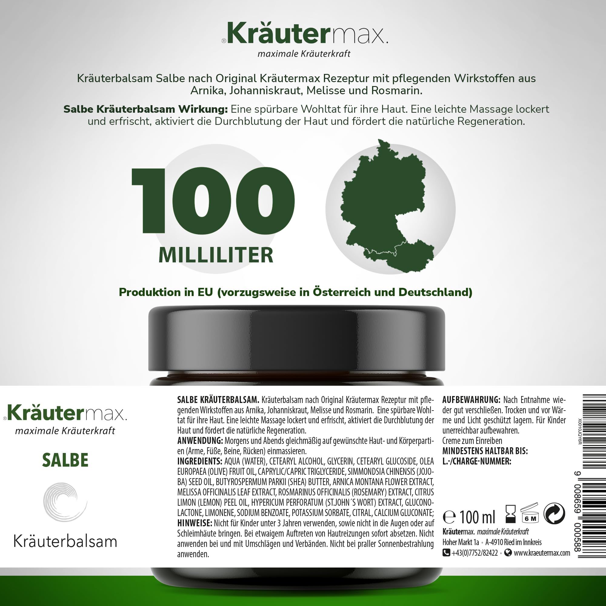 Kräutermax Salbe Kräuterbalsam mit Arnika, Johanniskraut, Melisse und Rosmarin 100 ml