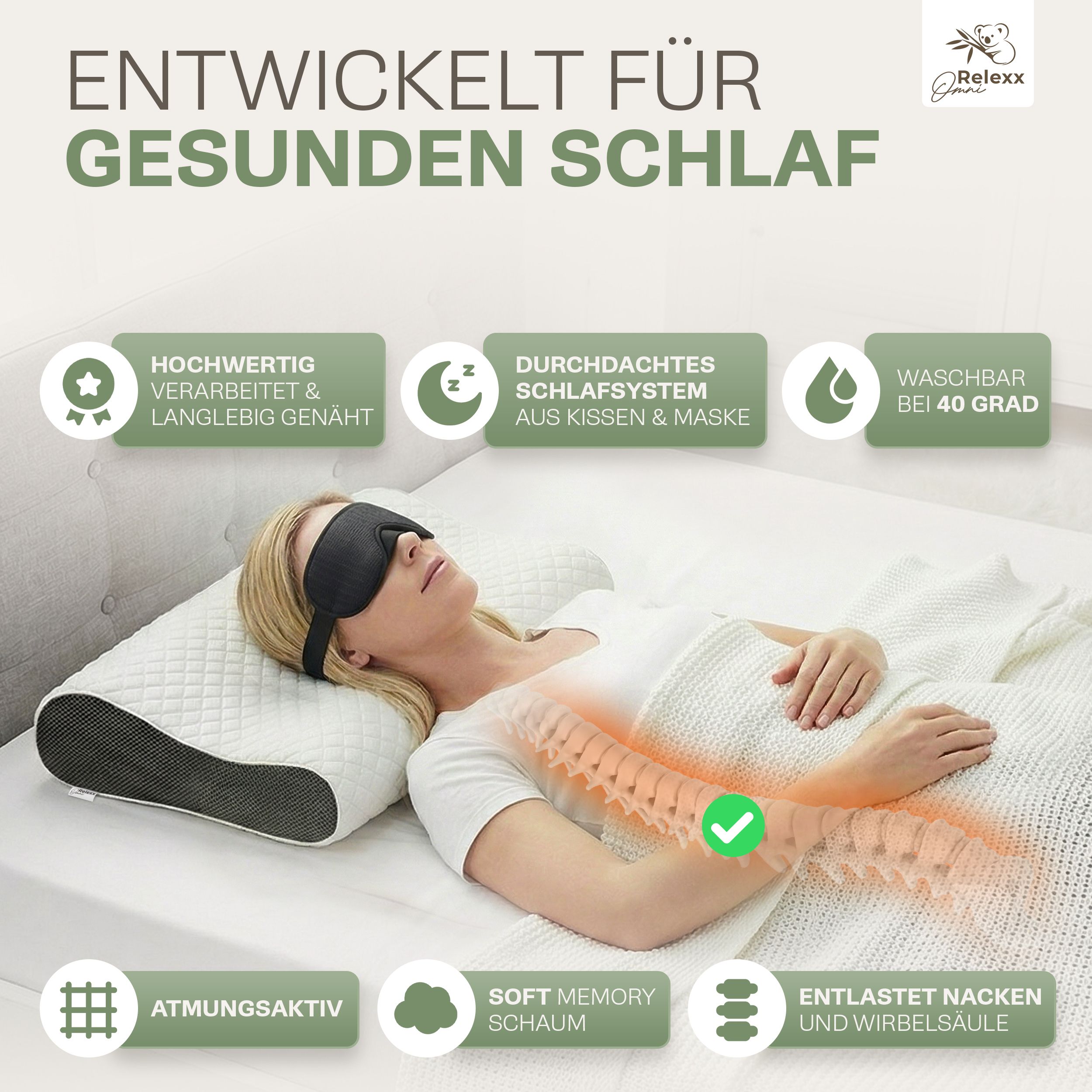 Frau liegt auf Kissen mit Schlafmaske. Merkmale: hochwertig, atmungsaktiv, Memory-Schaum. Text: Entwickelt für gesunden Schlaf.