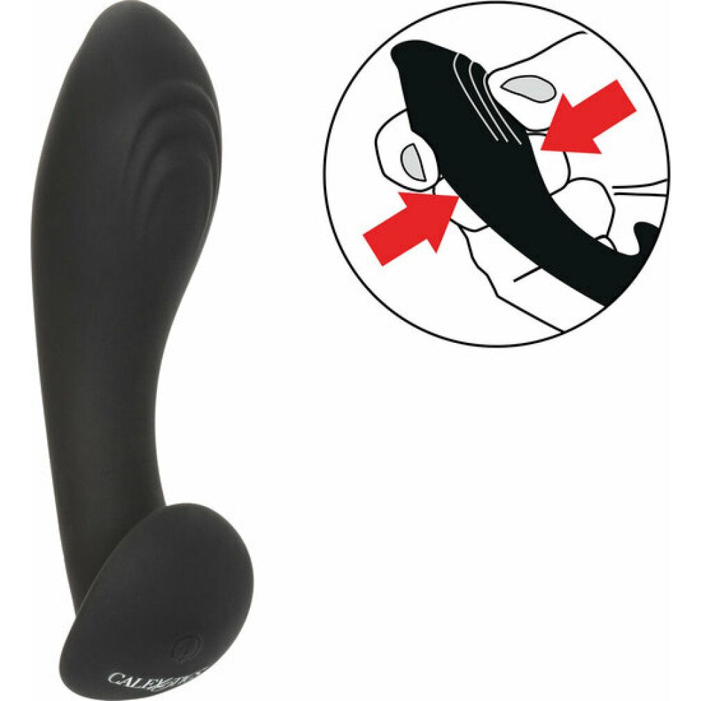 Schwarzes Wellness-Produkt mit geriffelter Oberfläche. Illustration: Hand zeigt Flexibilität.