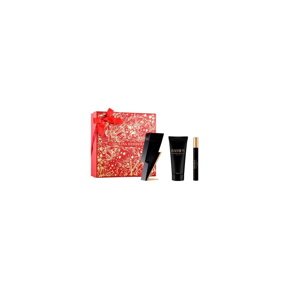 Geschenkset mit roter Schachtel, Blitz-Parfümflakon, Duschgel und Roll-on-Parfüm. Carolina Herrera-Logo sichtbar.