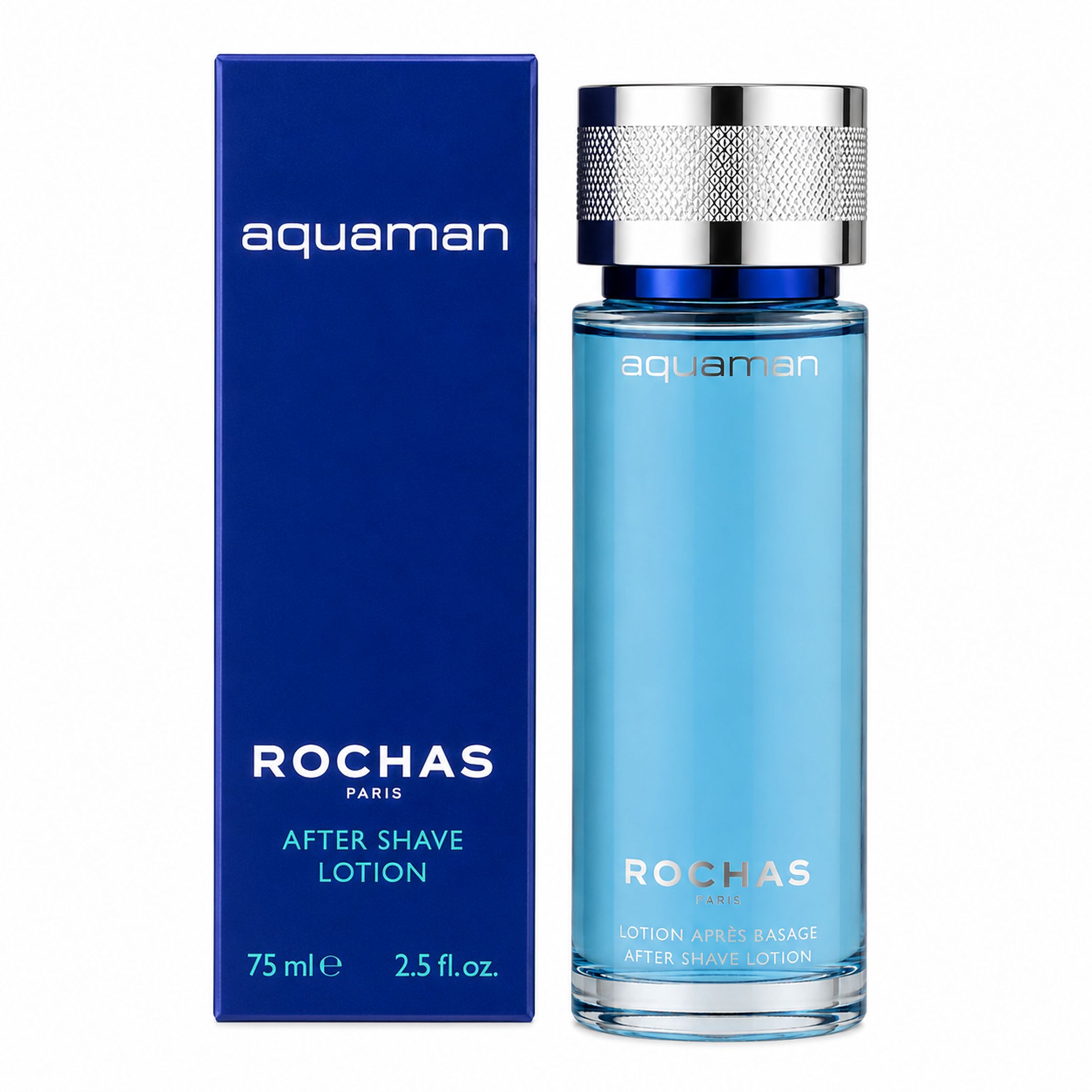 Blaues Flakon und Schachtel. Flakon mit silbernem Deckel, blauem Inhalt. Aufschrift "aquaman" und "ROCHAS". Schachtel: "aquaman", "ROCHAS PARIS".
