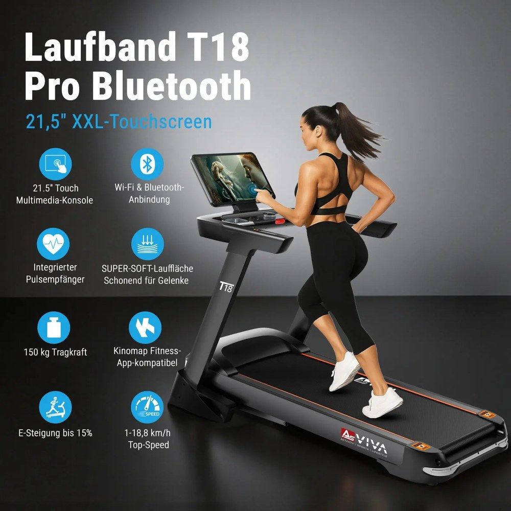 Frau auf AsVIVA Laufband Smart T18 Pro mit 21,5" Touchscreen und Trainingsfunktionen.