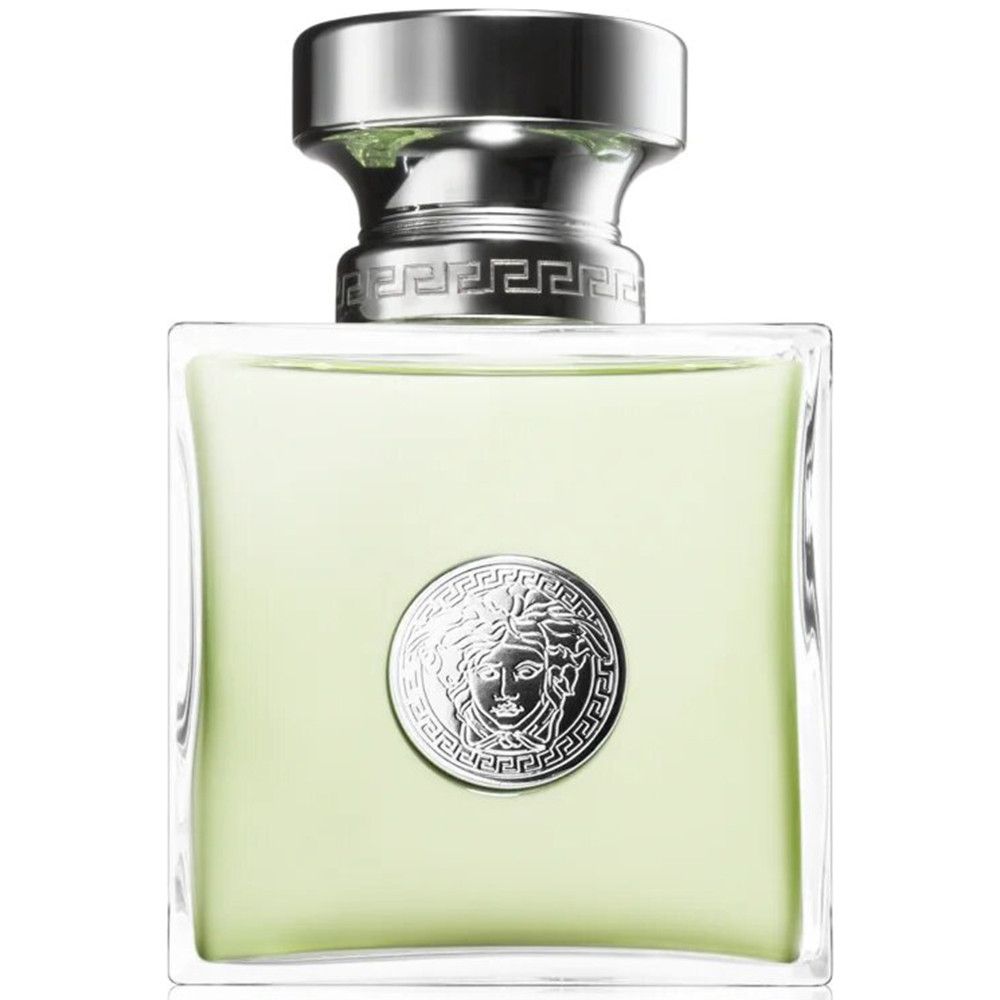 Versace Versense Eau de Toilette Spray. Quadratischer Flakon mit silbernem Verschluss und Logo.
