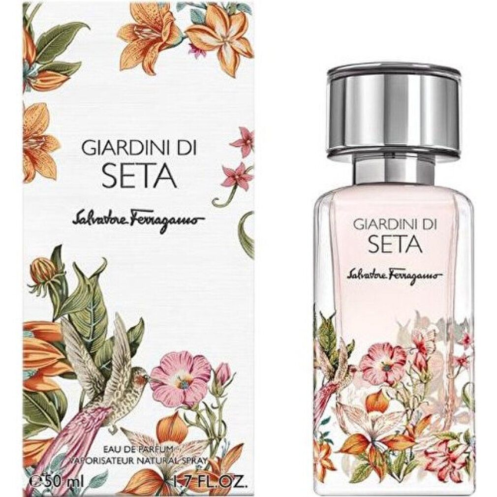 Parfümflakon und Verpackung. Giardini Di Seta. Salvatore Ferragamo. Blumendekor. Flakon mit silbernem Deckel.