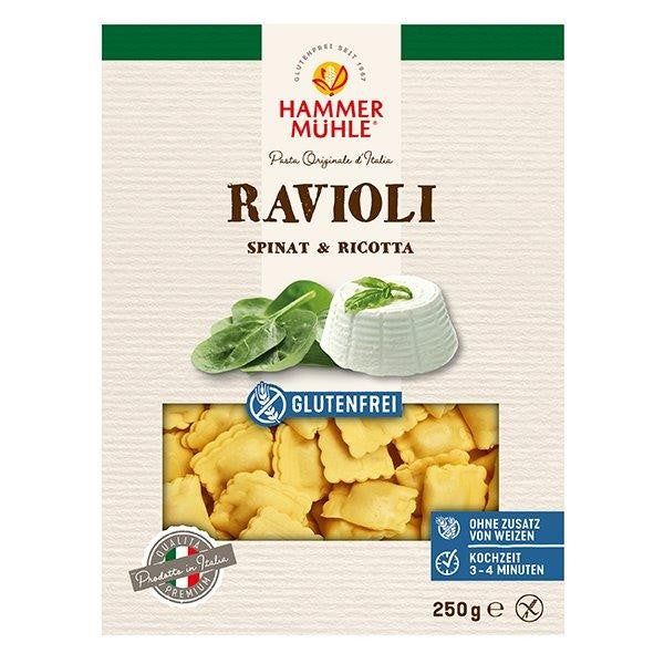 Verpackung mit Ravioli. Aufschrift: Ravioli Spinat & Ricotta glutenfrei. Abbildung von Ravioli, Spinat und Ricotta.