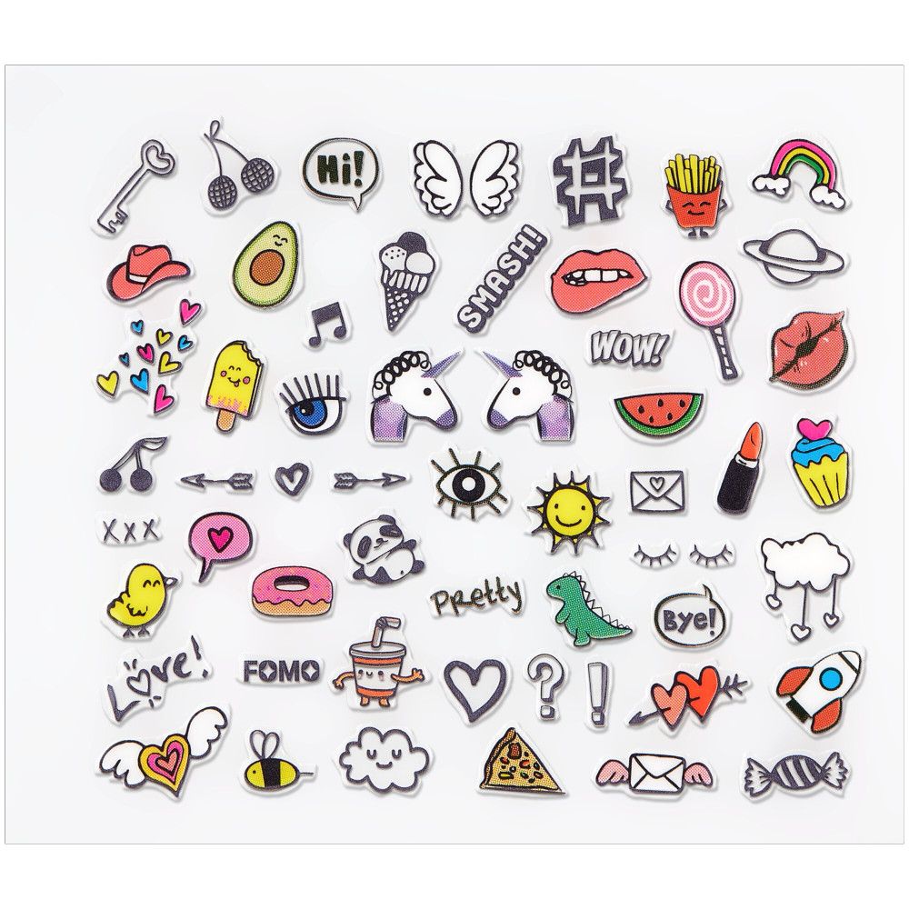 Nagelsticker-Bogen mit verschiedenen Motiven: Einhörner, Lippen, Herzen, etc. Auf weißem Hintergrund.