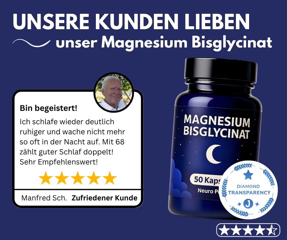 Blaue Flasche mit schwarzem Deckel. Aufschrift: Magnesium Bisglycinat, Mond, 50 Kapseln, Neuro Pulse. Stern-Bewertung.