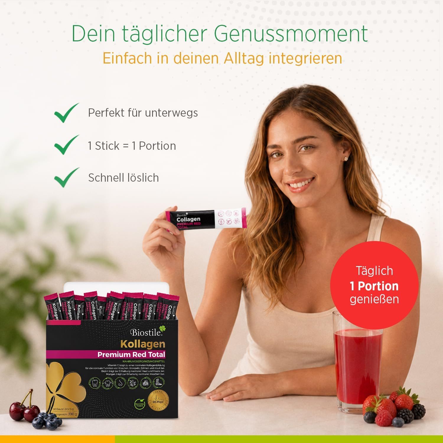 Frau hält Biostile Collagen Beutel, Packung, Glas Getränk, Beeren. 1 Portion täglich.