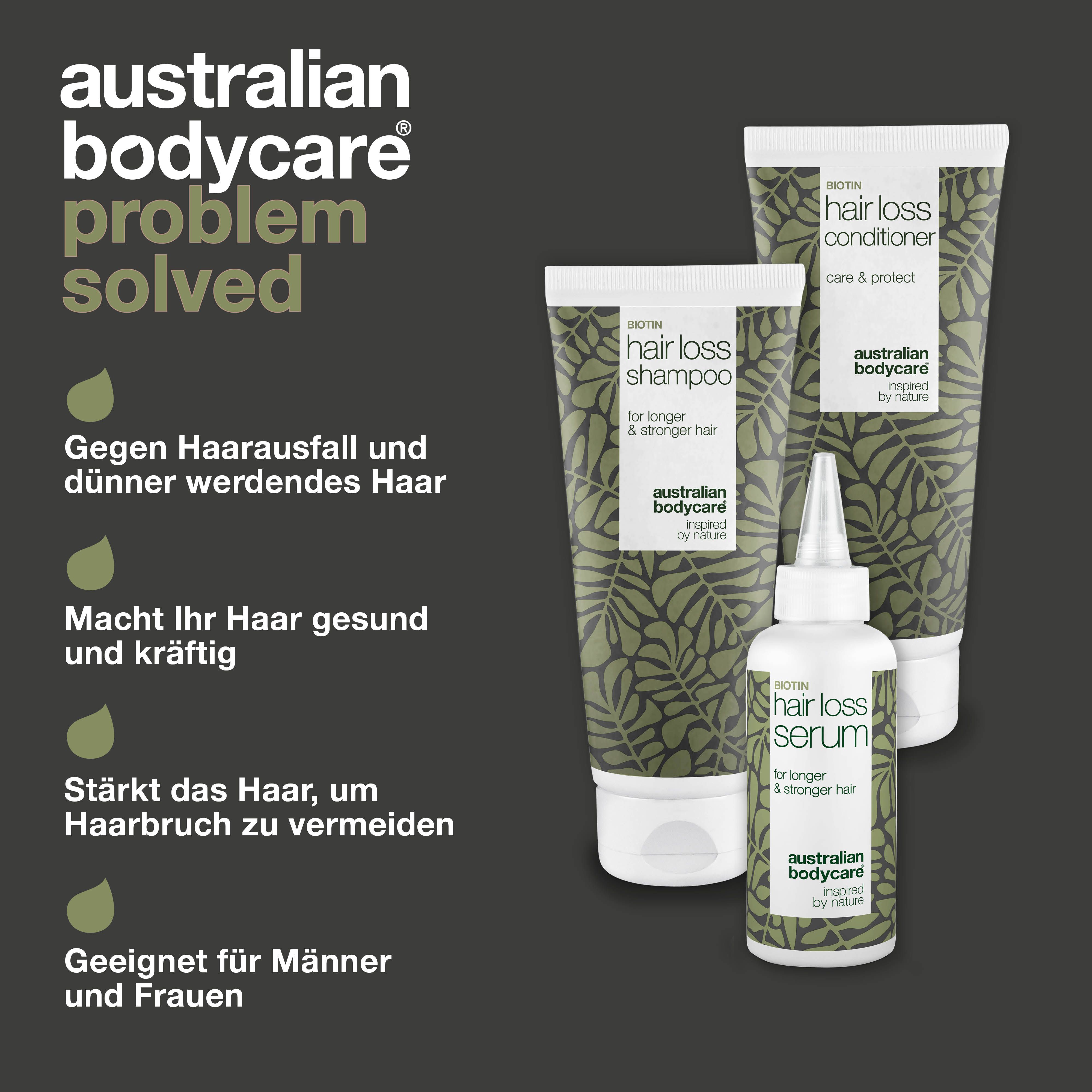 Drei Produkte: Shampoo, Conditioner und Serum. Logo von Australian Bodycare. Text und grüne Blätter.