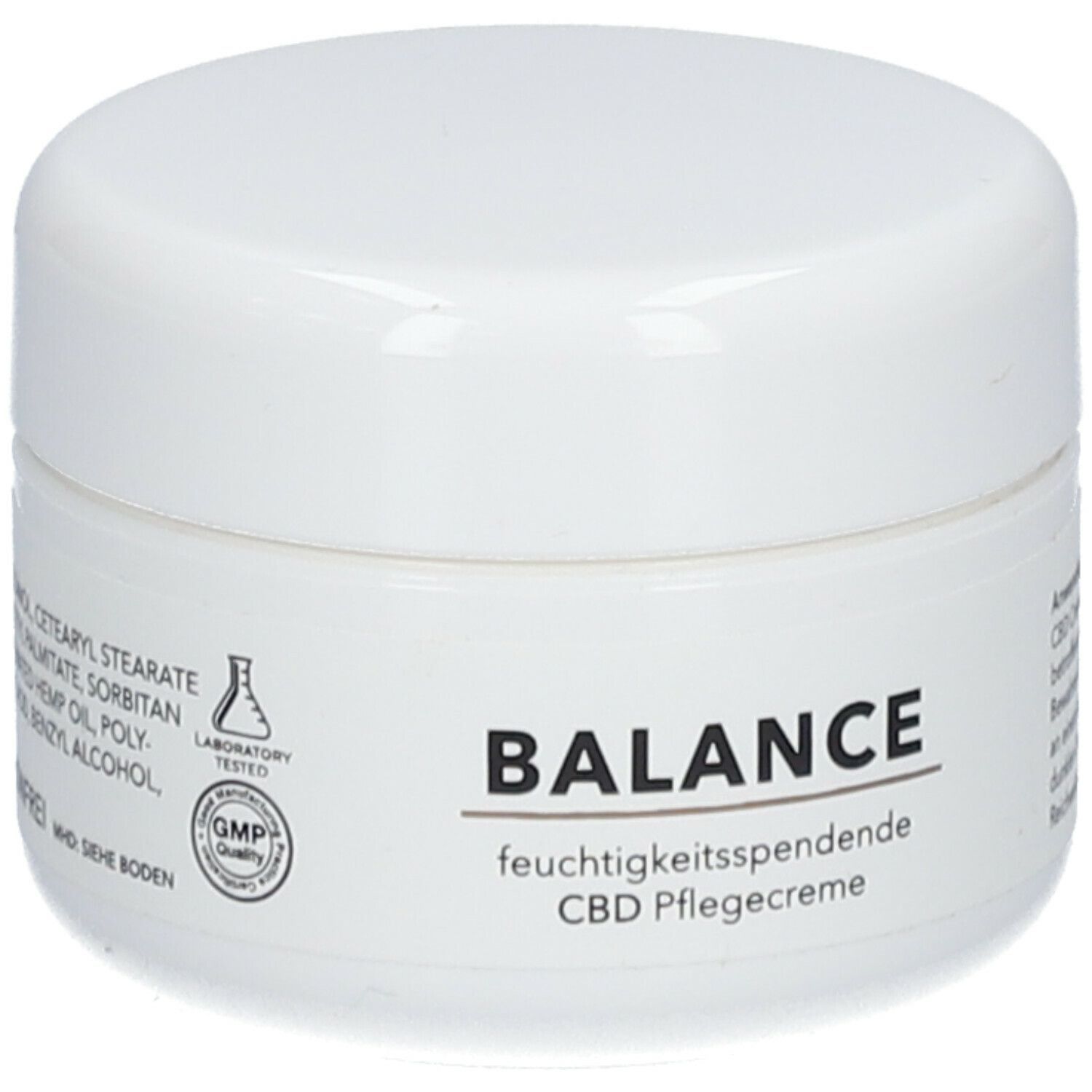 Weiße Creme-Dose mit Deckel. Aufschrift: BALANCE, feuchtigkeitsspendende CBD Pflegecreme. Laborgeprüft und GMP-Qualität.
