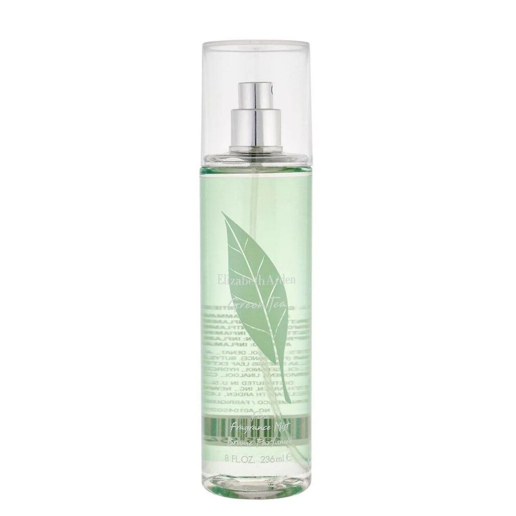 Grüner Flakon mit Zerstäuber und Deckel. Aufschrift: Elizabeth Arden Green Tea. Blatt-Design.
