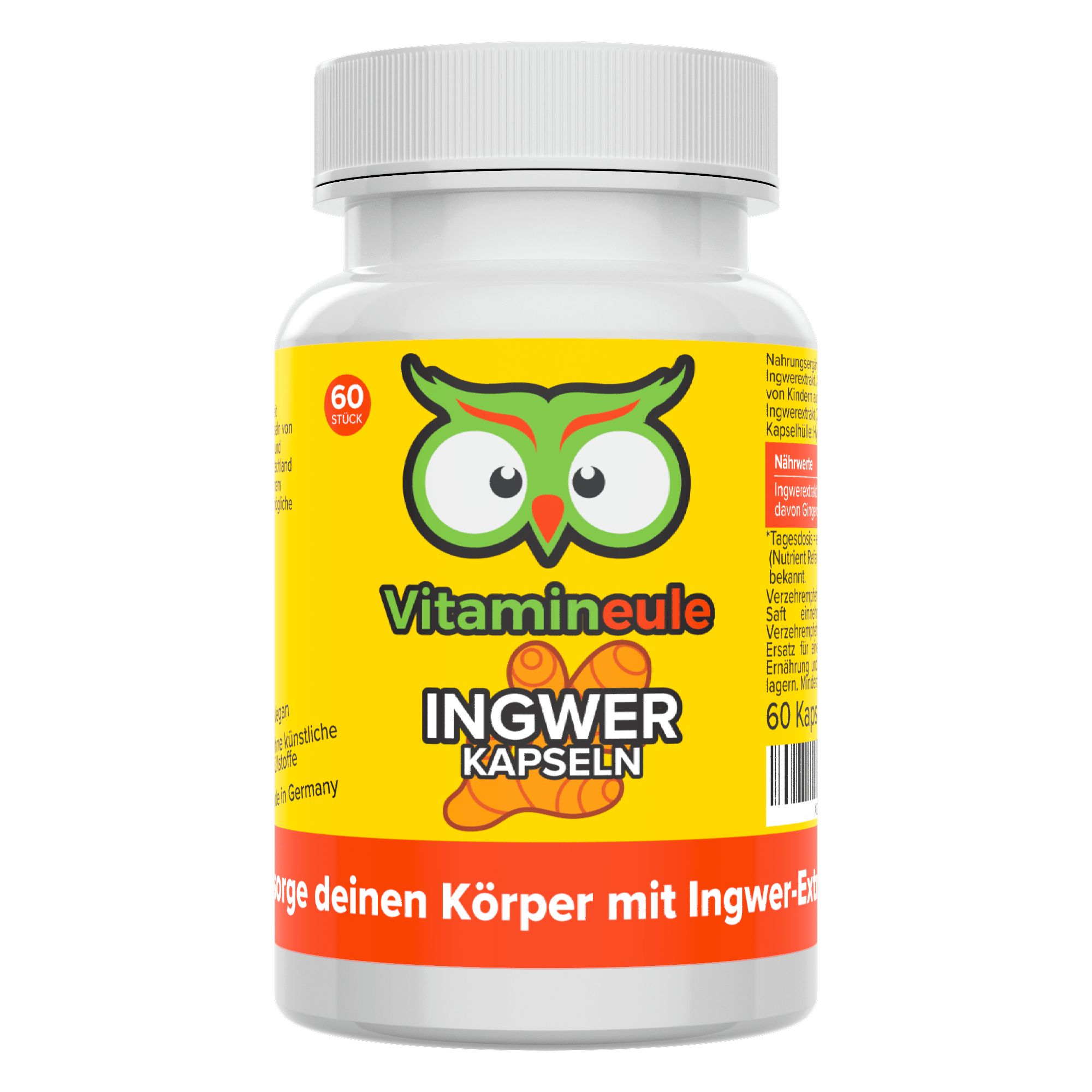 Kapsel-Dose mit gelbem Etikett. Text: Vitamineule, Ingwer Kapseln, 60 Stück. Aufdruck: Versorge deinen Körper mit Ingwer-Extrakt!