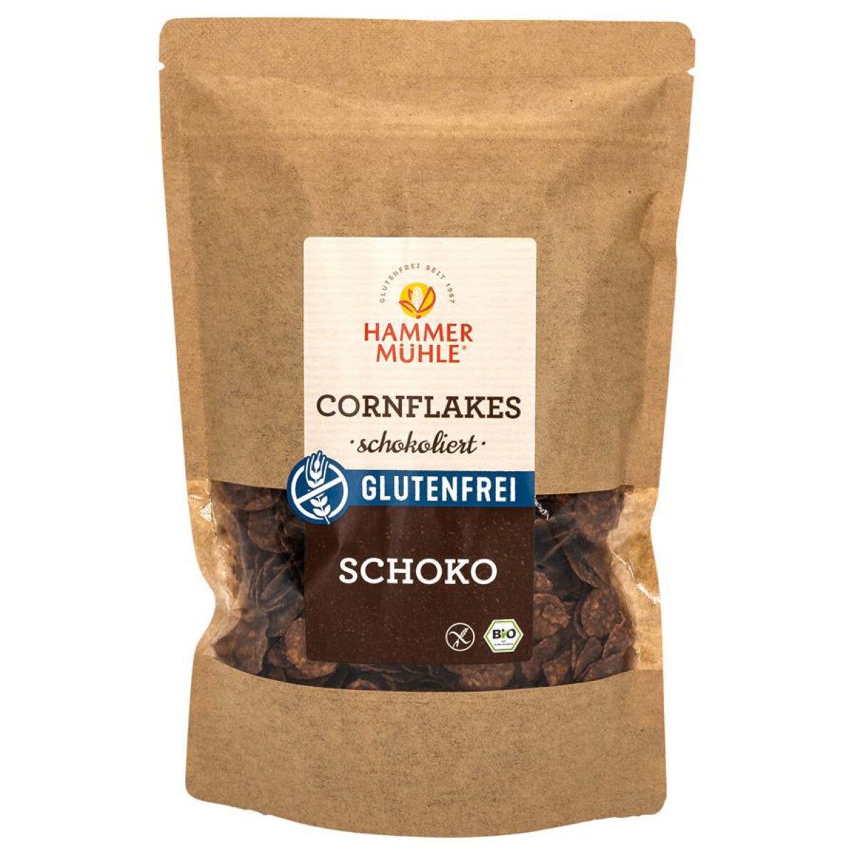 Verpackung mit Schoko Cornflakes. Aufdruck: Glutenfrei, Schoko, Bio-Siegel. Marke: Hammer Mühle.