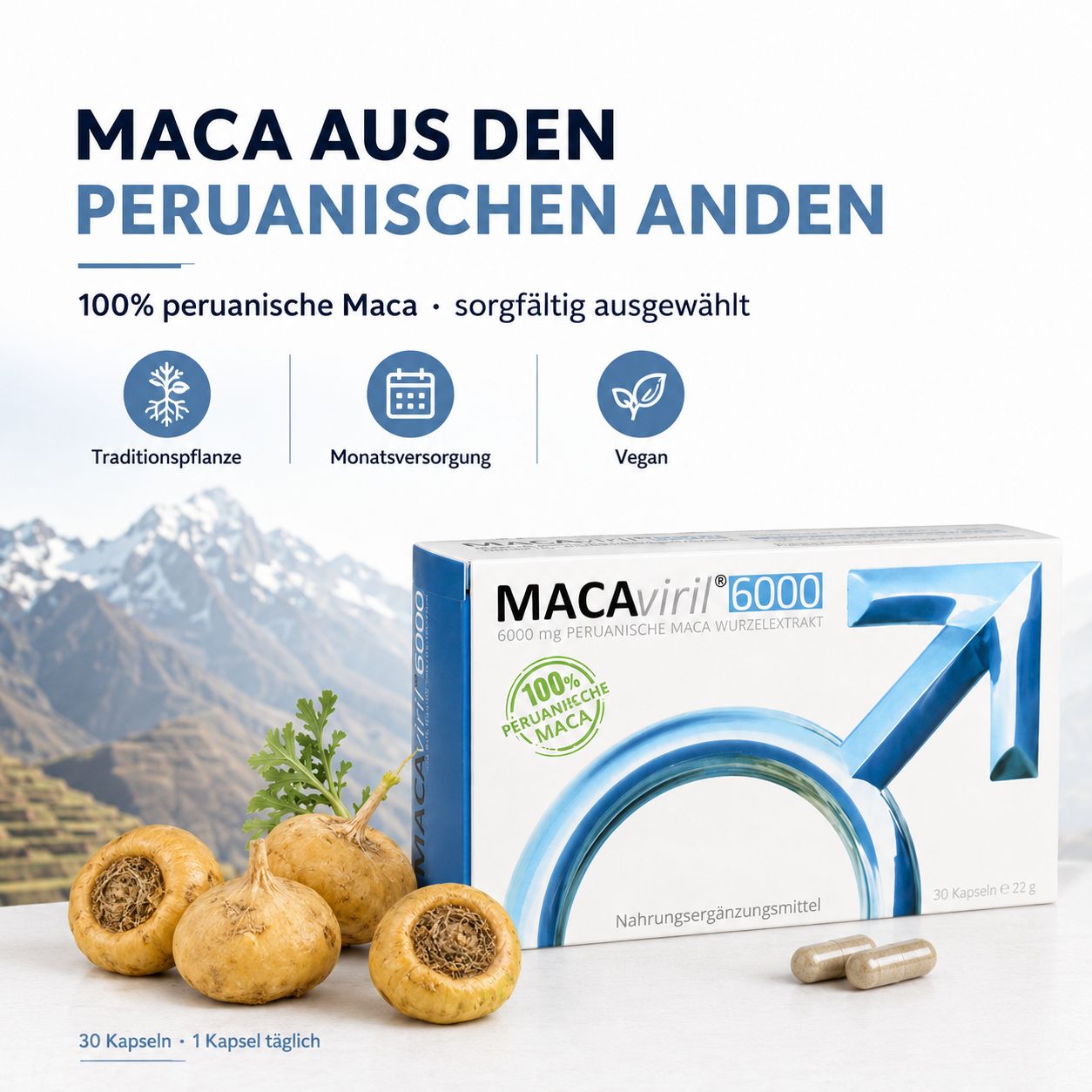 Maca-Wurzeln und MACAviril 6000® Packung vor Bergkulisse, 100% peruanische Maca, Monatsversorgung.