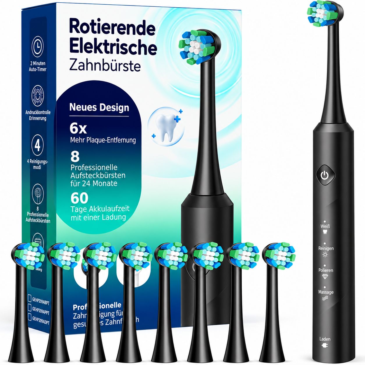 Elektrische Zahnbürste mit 6x Plaque-Entfernung, 8 Aufsätze, 60 Tage Akkulaufzeit.