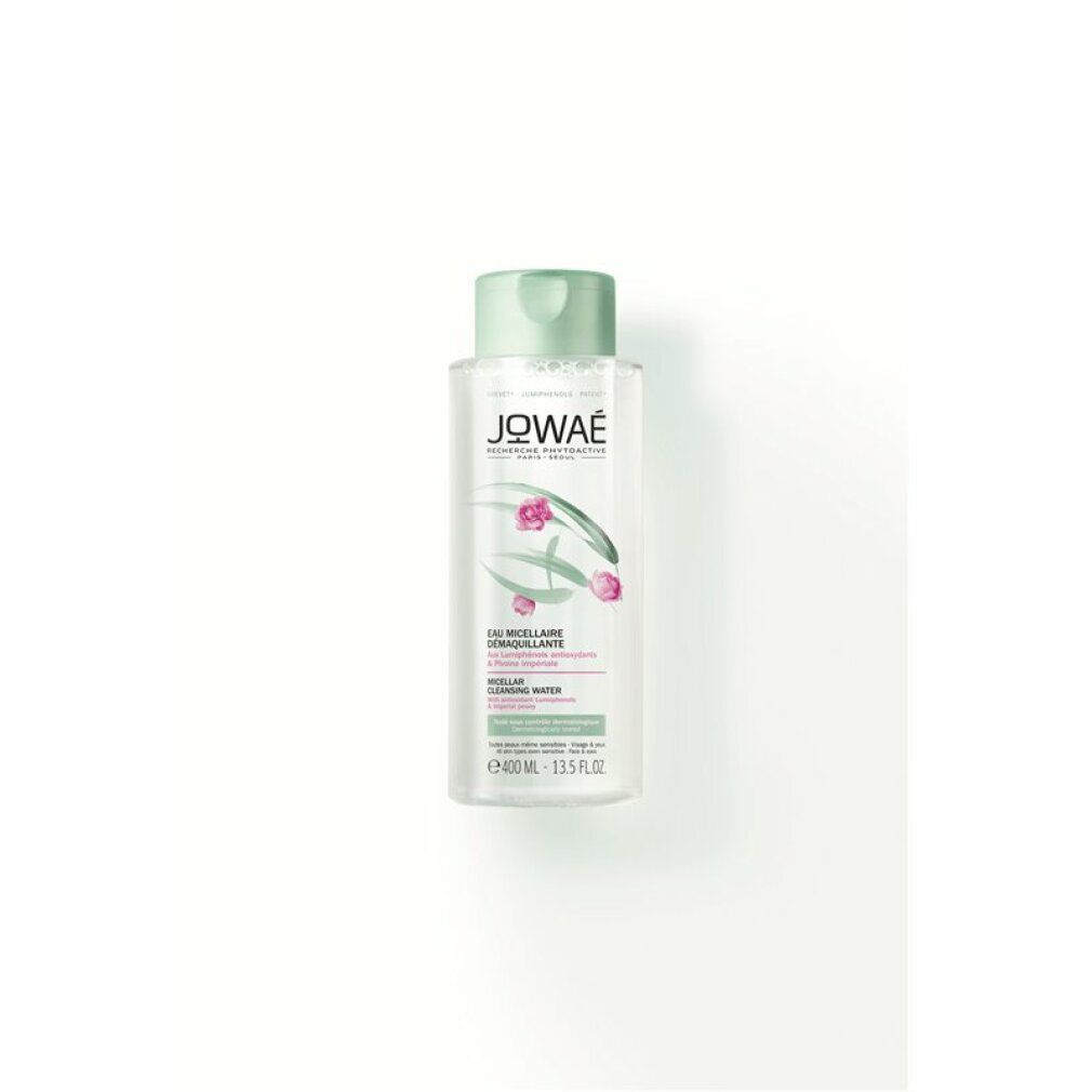 Klare Flasche mit grünem Deckel. Aufschrift JOWAE, Mizellen-Gesichtswasser. Mit floralem Design und Text.