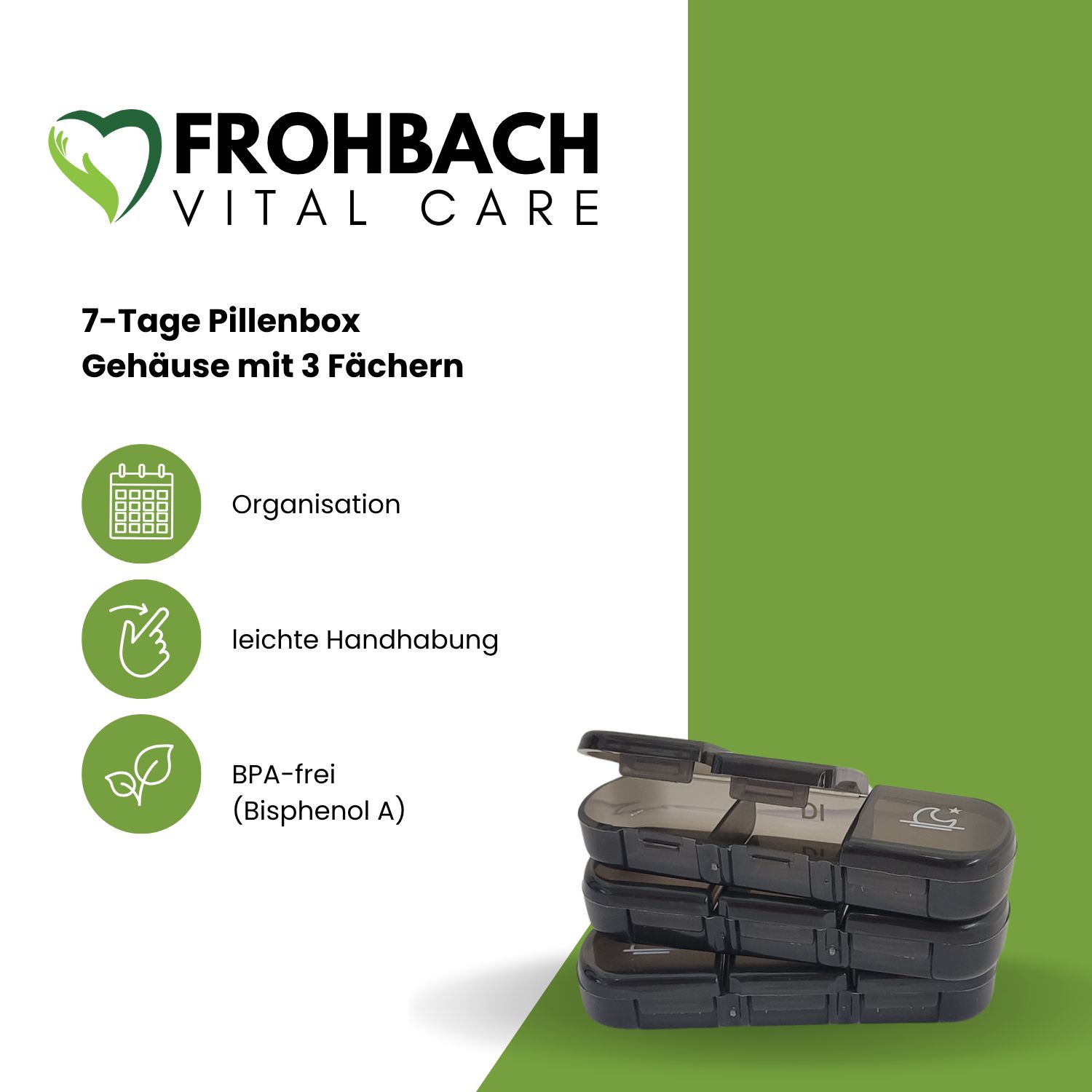 Frohbach Vital Care 7-Tage Pillenbox mit 3 Fächern. Gehäuse mit 3 Fächern. Vorteile: Organisation, leichte Handhabung, BPA-frei.