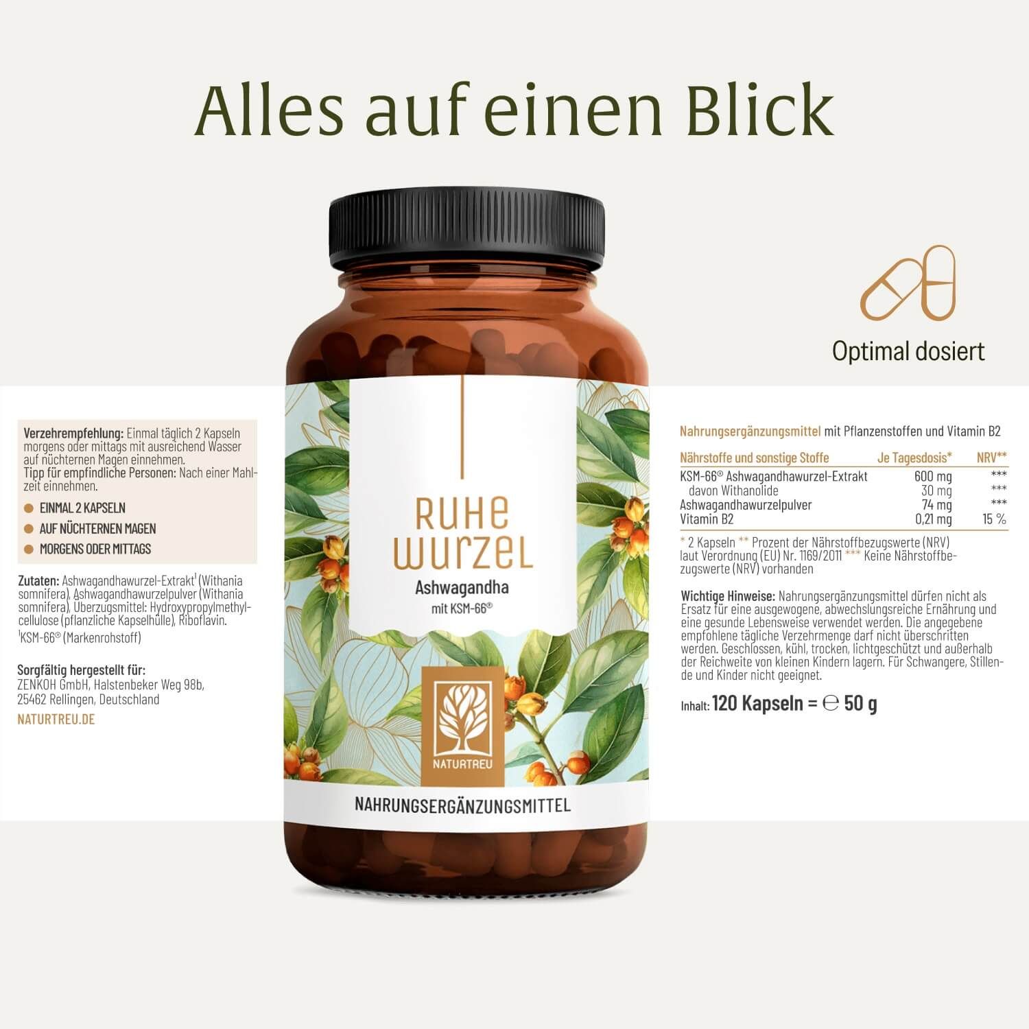 Flasche Ashwagandha KSM-66® mit detaillierten Informationen zu Nährwerten, Inhaltsstoffen und Dosierung.