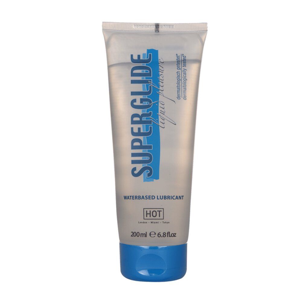 SUPERGLIDE Wasserbasis Gleitmittel-Tube mit Aufschrift 'new' und dermatologisch getestet.