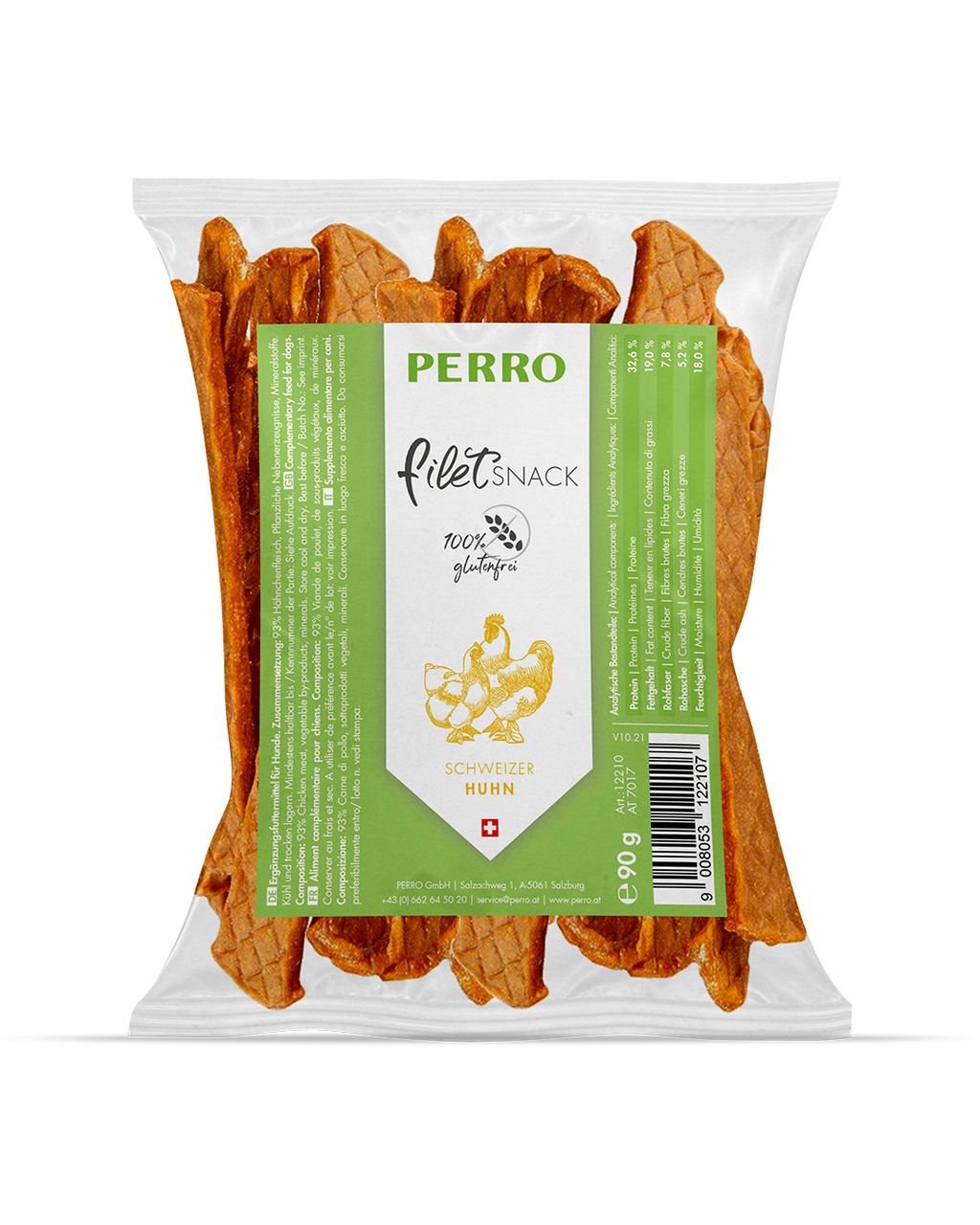 Verpackung mit PERRO Filet Snack. Transparente Tüte mit braunen, rechteckigen Kausnacks. Grün-weißes Etikett mit Produktinformationen.