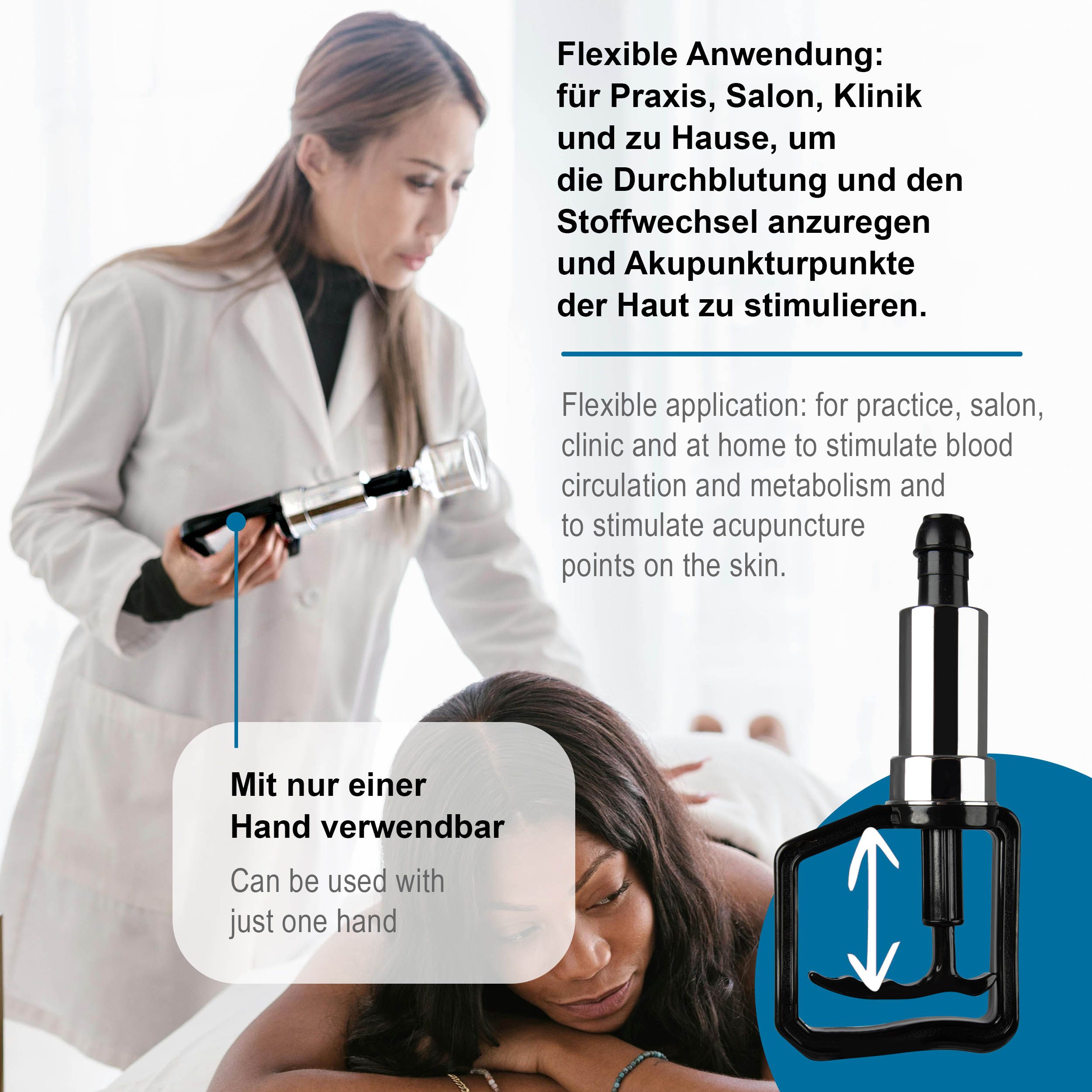 Person hält Vakuum-Pumpe über einer anderen Person. Text: Mit nur einer Hand verwendbar.