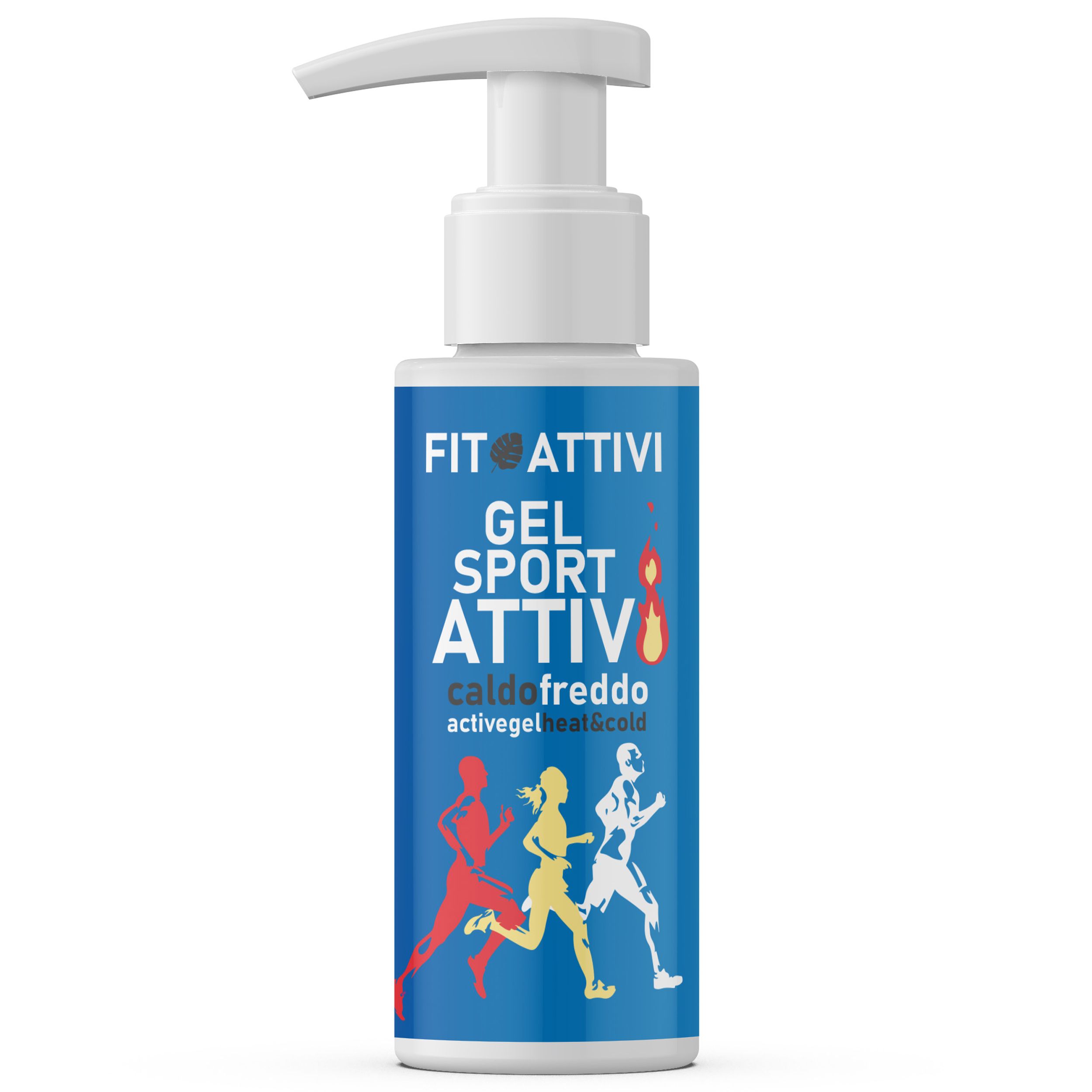 Fitoattivi Sportgel-Flasche mit Heiß- und Kälteeffekt. Weißer Pumpkopf. Etikett mit Läufern. Text: caldo freddo, activegel heat&cold.