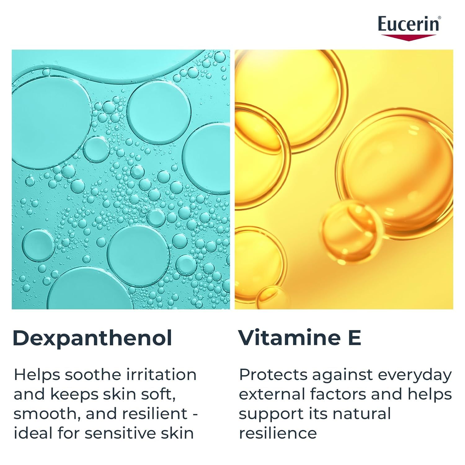 Zwei Bilder: links blaue Flüssigkeit, rechts gelbe Flüssigkeit. Text: Dexapanthenol, Vitamin E.