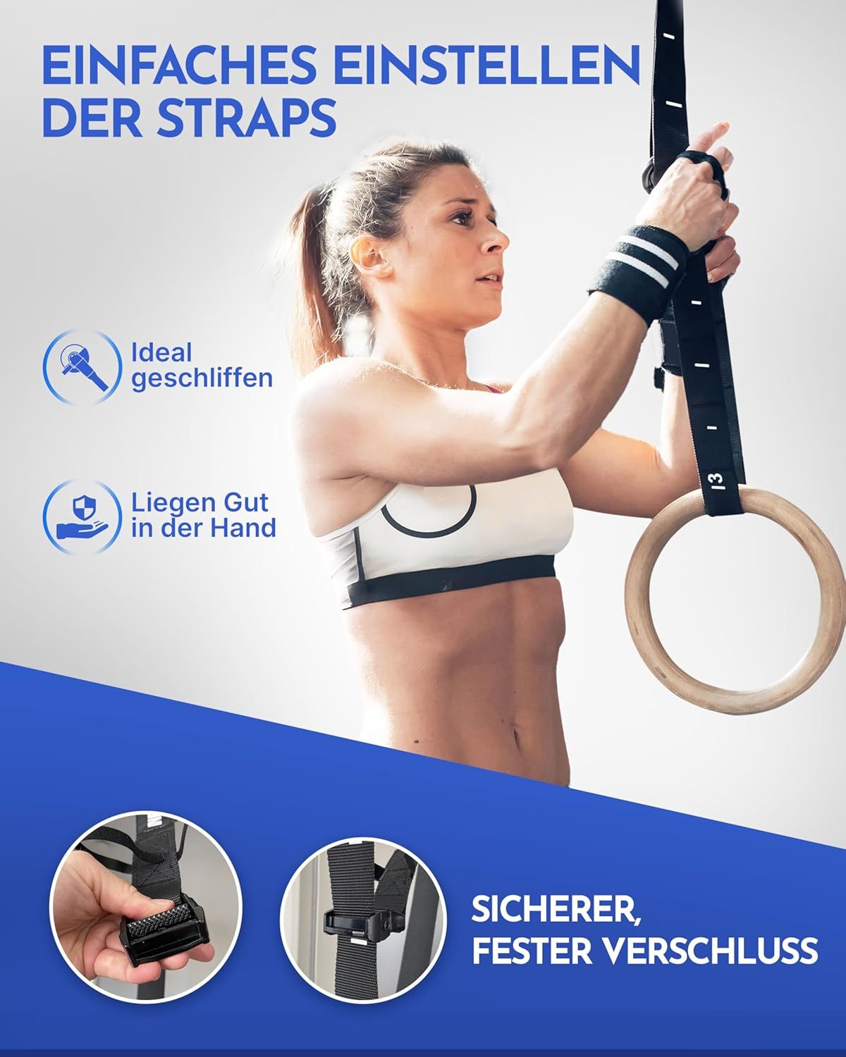 Frau trainiert mit Gymnastikringen. Ringe hängen an schwarzen Gurten. Schwarze Gurte mit Markierungen. Schnallen. Text: Einfaches Einstellen der Straps.