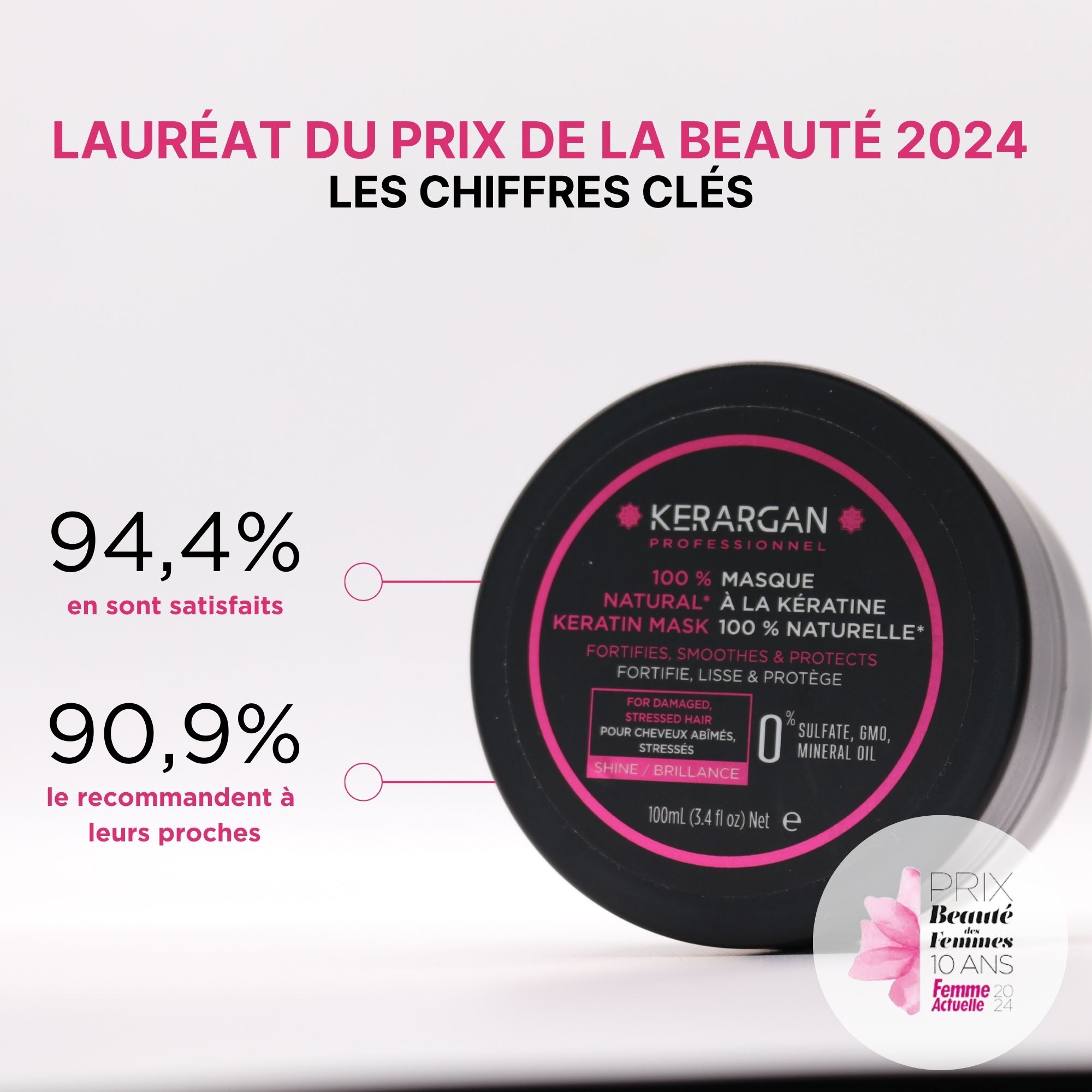 Pot noir avec texte. Lauréat du prix de la beauté 2024. 94,4% satisfaits, 90,9% le recommandent. Pot sur fond blanc.