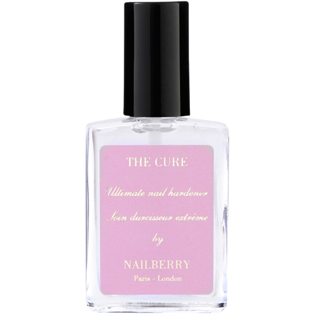 Klare Flasche mit schwarzem Deckel. Rosa Etikett mit Text: THE CURE, Ultimate nail hardener, Soin durcisseur extreme, NAILBERRY.