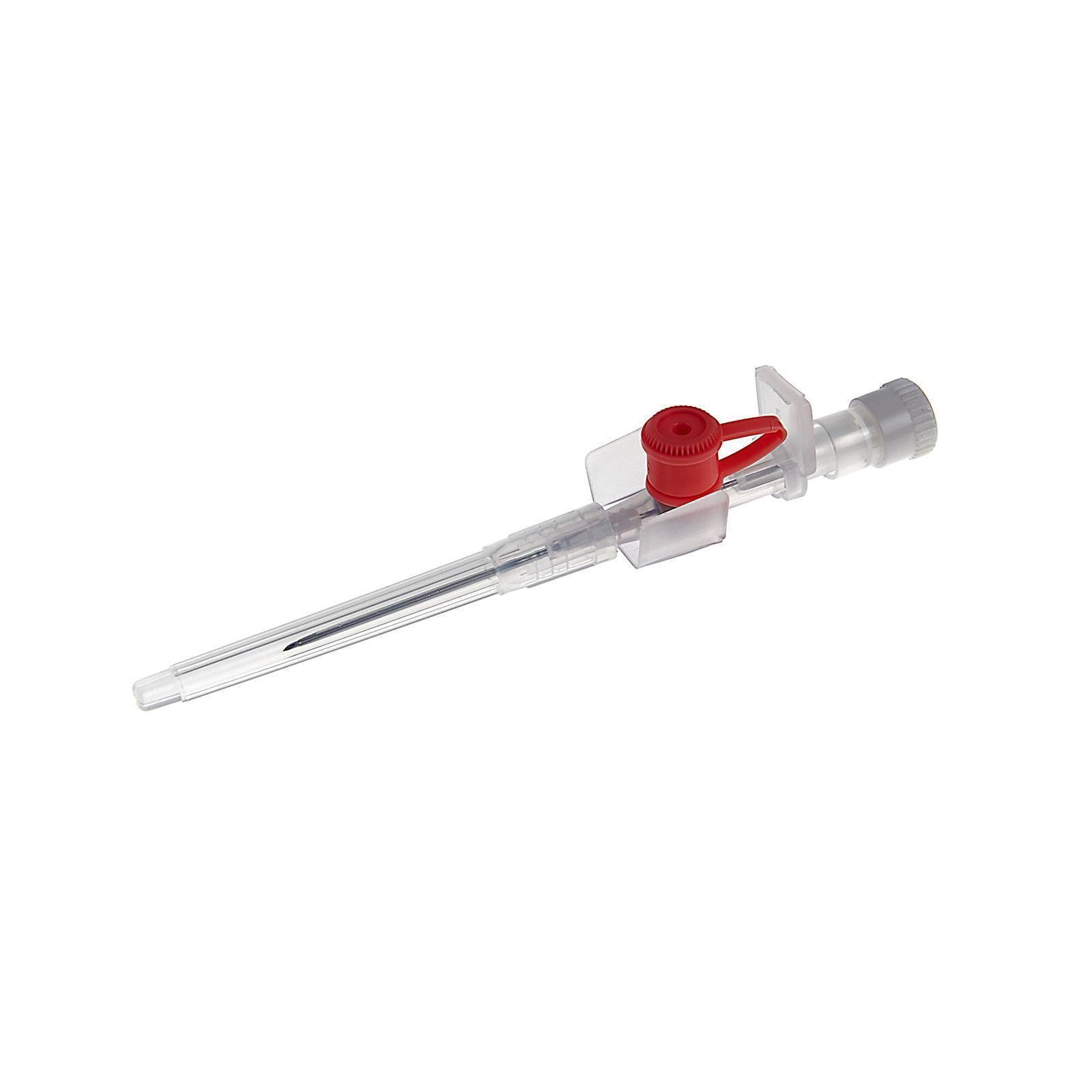 Einzelner gelber Katheter mit rotem Verschluss. Transparenter Schlauch, Flügel und Verschluss.