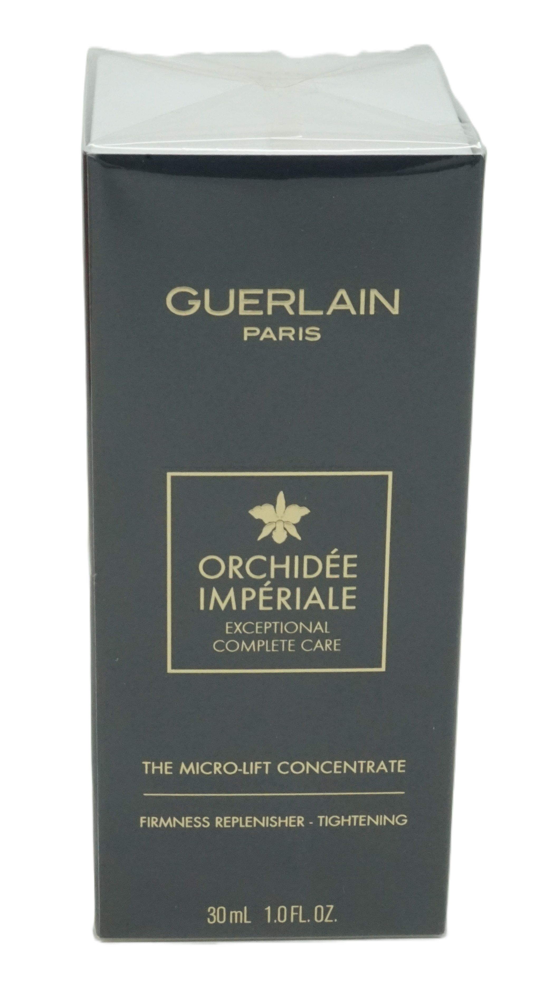 Dunkelgraue Schachtel mit goldfarbener Schrift: Guerlain Paris, Orchidée Impériale. Enthält 30ml.
