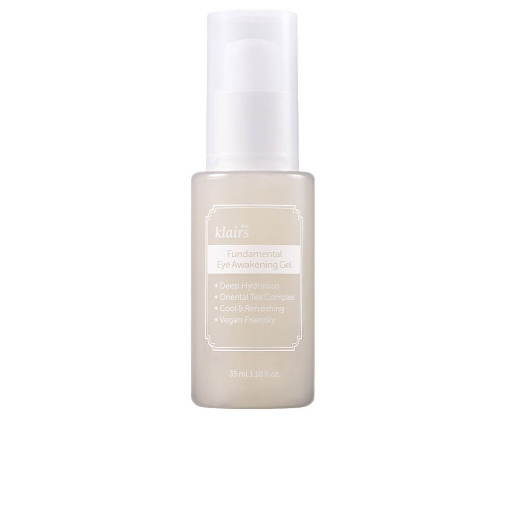 Klairs Fundamental Eye Awakening Gel wird aus einem Spender auf eine Handfläche aufgetragen.