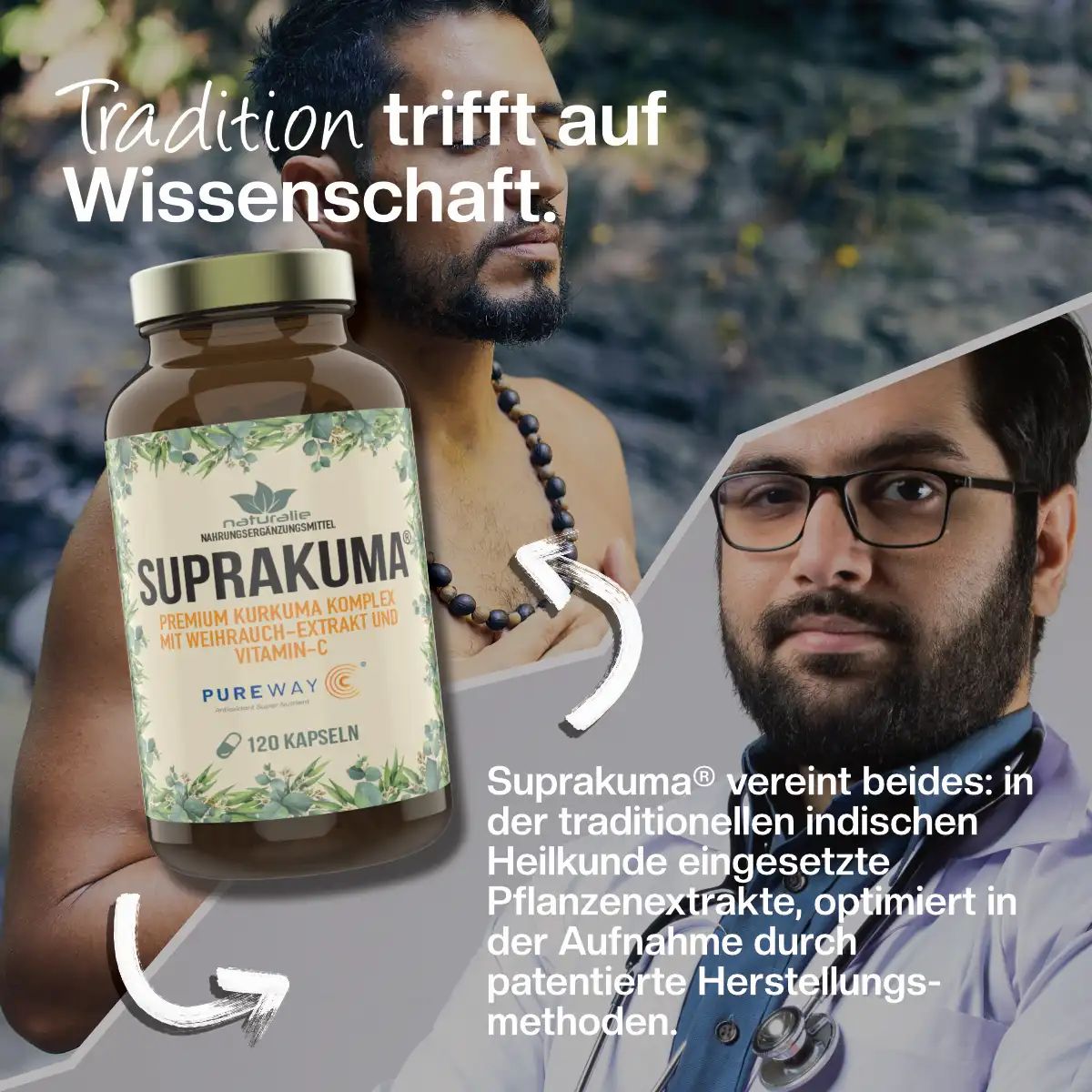 Mann mit Stethoskop neben einem Glas Suprakuma Kapseln.