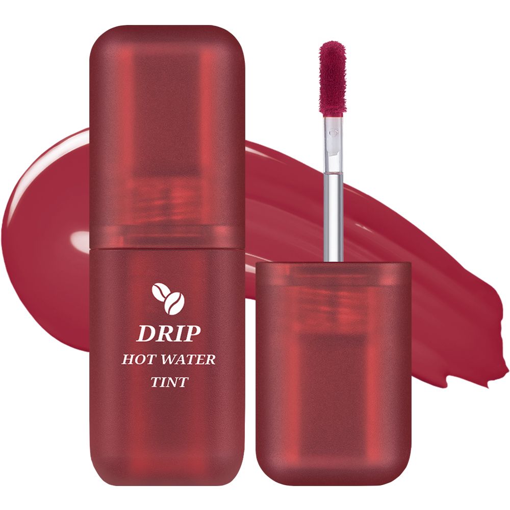 Roter Lip Tint-Behälter. Aufschrift: Drip Hot Water Tint. Kaffeebohnen-Symbol. Applikator sichtbar.