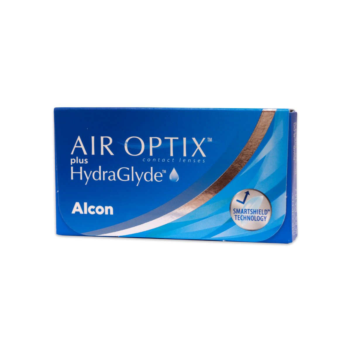 Blaue Verpackung mit Produktnamen Air Optix plus HydraGlyde und Alcon-Logo. Smartshield Technology-Logo.