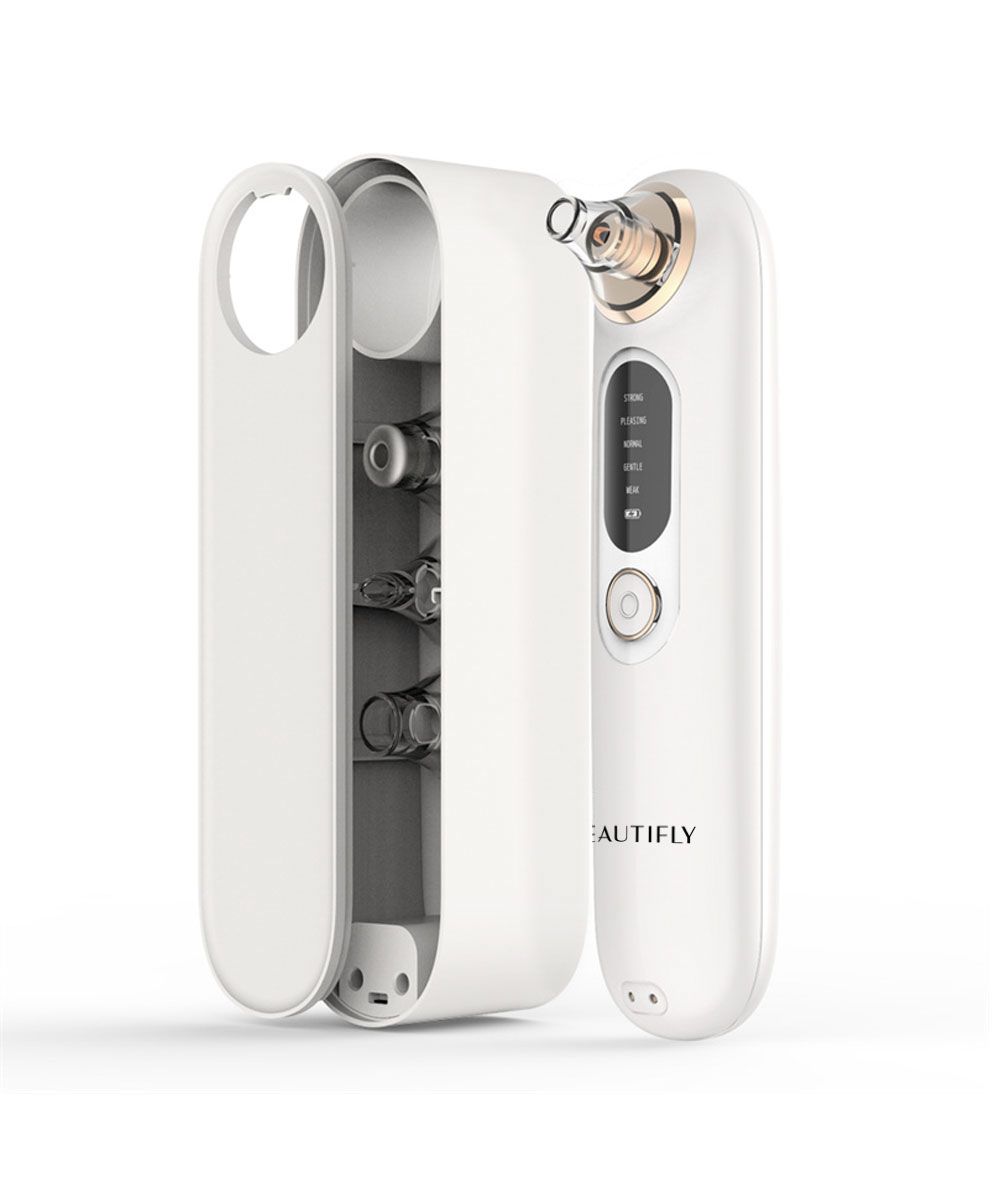 BEAUTIFLY B-Derma Glow Diamant Mikrodermabrasion-Gerät und Etui. Etui geöffnet, Zubehör sichtbar.