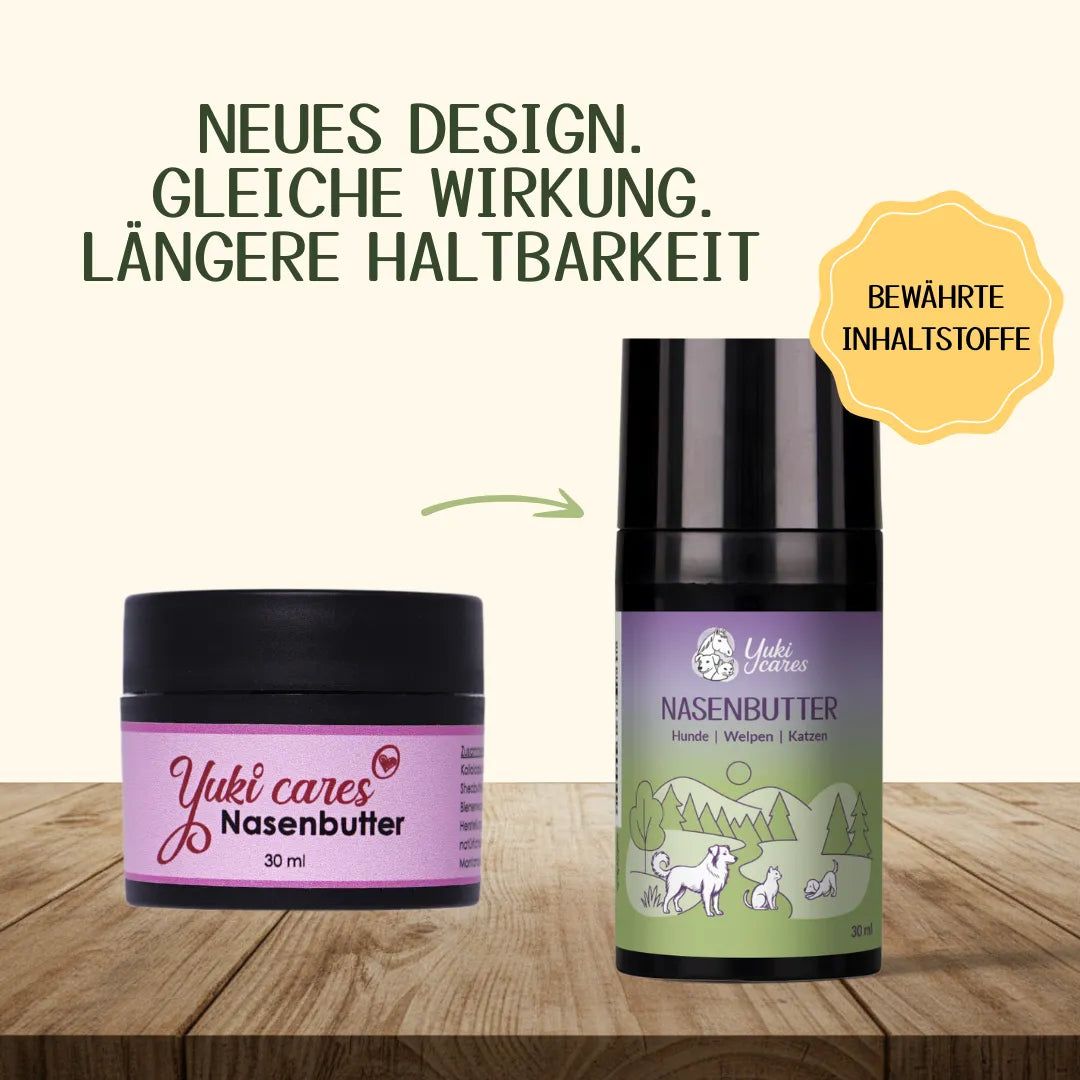 Vergleich: Alter Tiegel und neuer Tiegel. Aufschrift: Yuki cares Nasenbutter. Neues Design, gleiche Wirkung, längere Haltbarkeit. Gelbes Label.