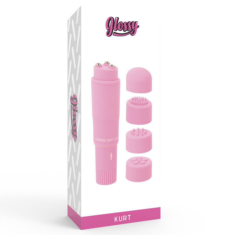Rosa Vibrator und Aufsätze in Verpackung. Auf der Verpackung steht "GLOSSY" und "KURT".