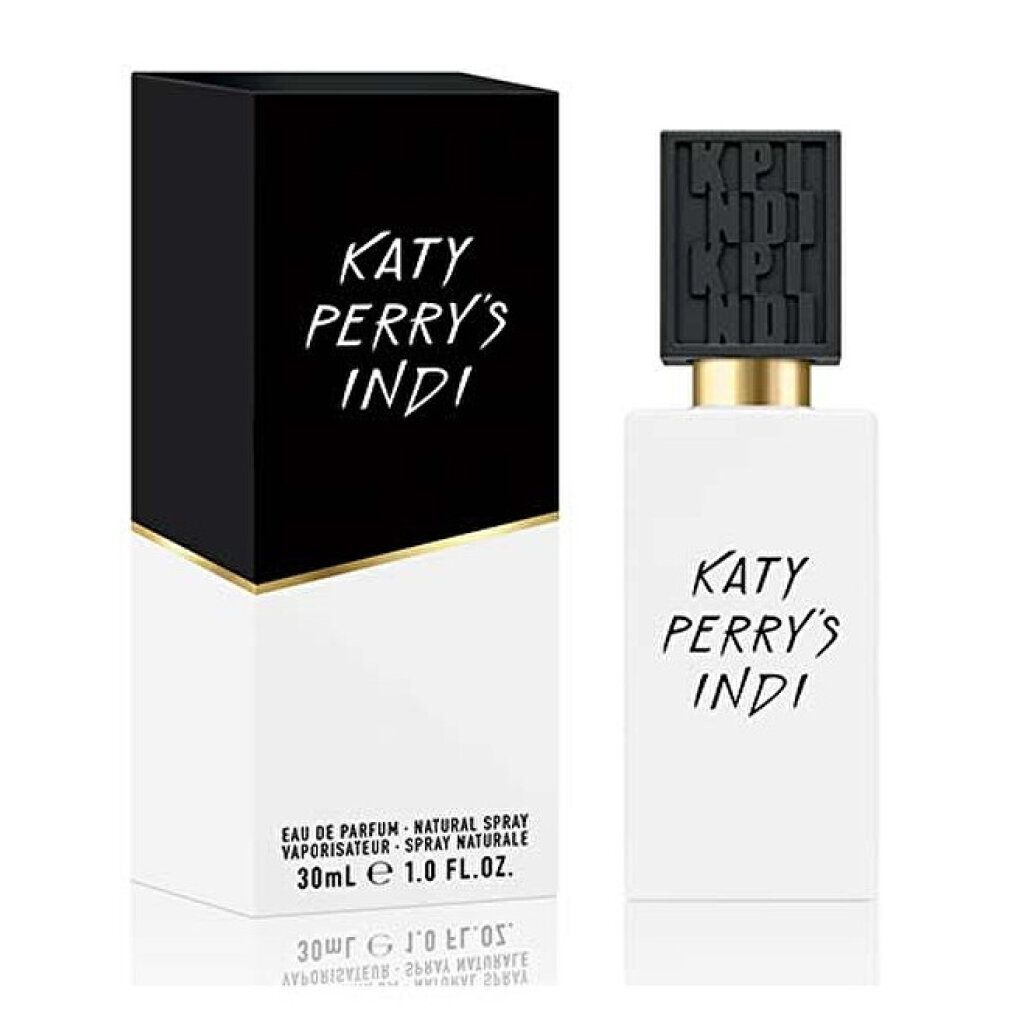 Weißer Flakon mit schwarzem Deckel und Schriftzug. Schwarze und weiße Verpackung daneben. Text: Katy Perry's Indi.