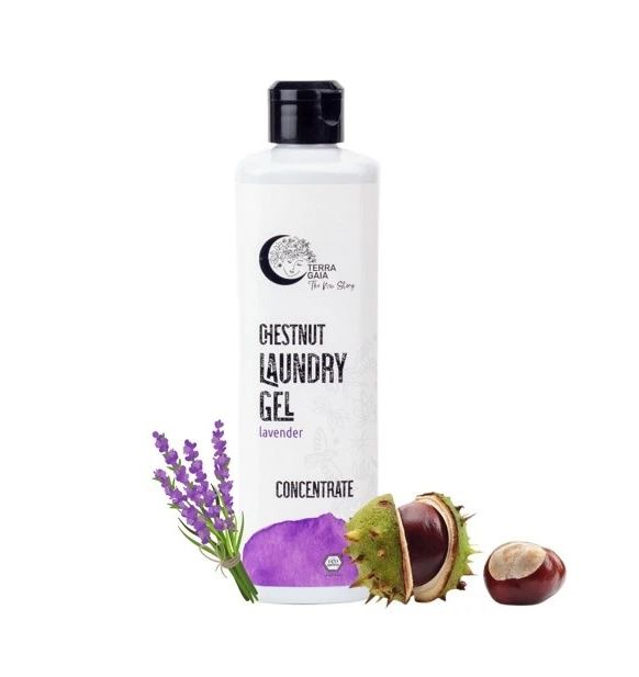 Weiße Flasche mit schwarzem Deckel. Aufschrift: Chestnut Laundry Gel Lavender Concentrate. Lavendel und Kastanien daneben.