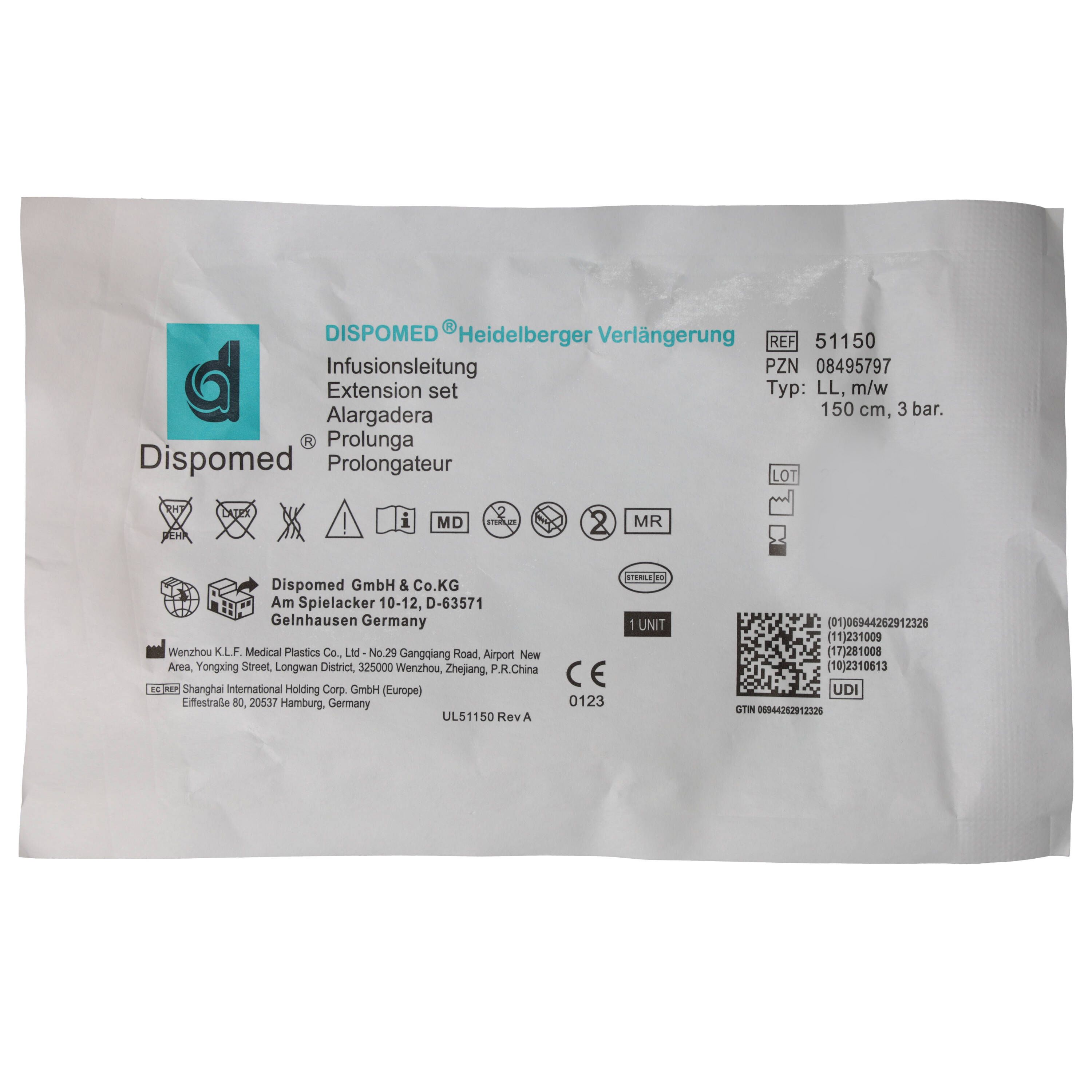 Verpackung der Dispomed Heidelberger Verlängerung. Produktname, technische Daten, Chargennummer und CE-Kennzeichnung sind sichtbar.