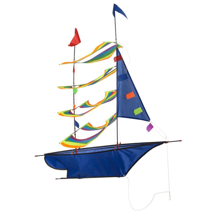 Blauer Segelschiff-Drachen mit bunten Segeln und Flaggen. Das Segelboot hat vier Segel und eine blaue Rumpfform.
