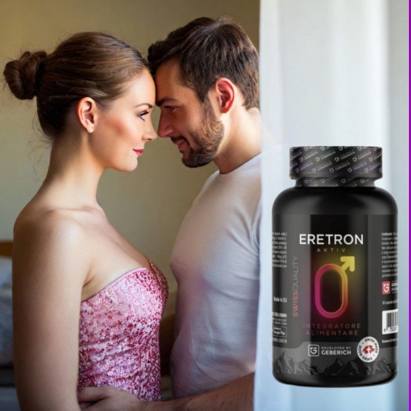 Paar blickt sich an. Daneben eine Flasche "Eretron Aktiv". Schwarze Flasche mit männlichem Symbol. "Swiss Quality". Entwickelt von Geberich.