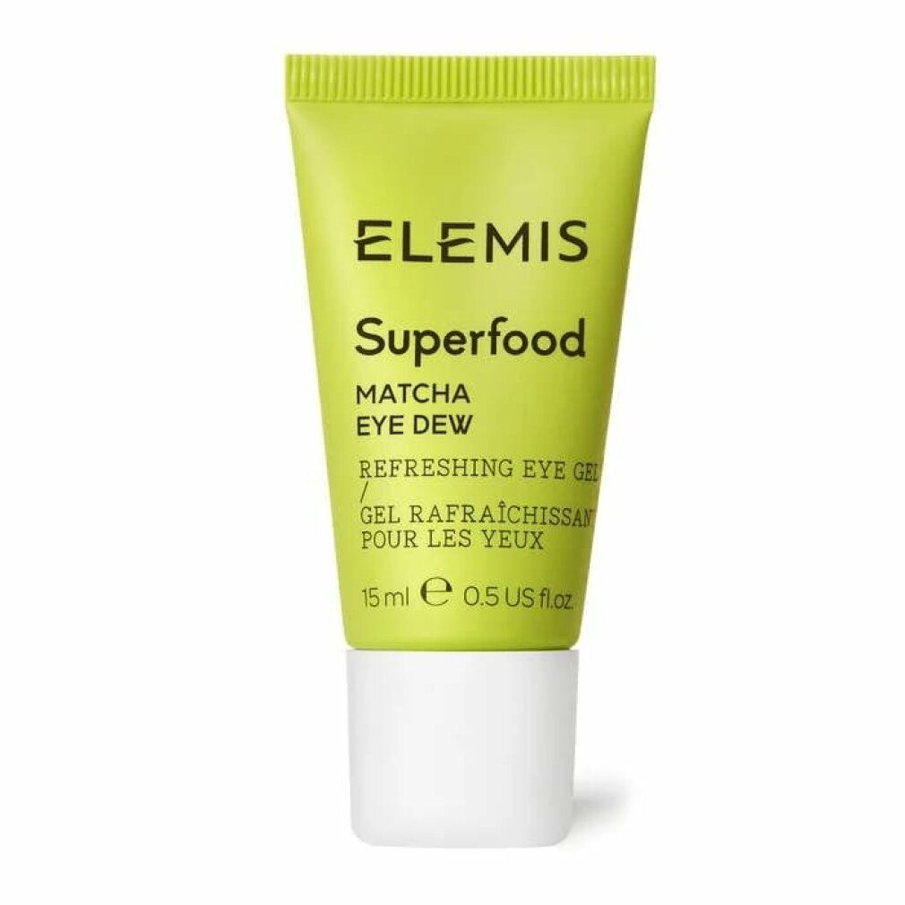 Grüne Tube mit weißem Deckel. Aufschrift: Elemis Superfood Matcha Eye Dew, Refreshing Eye Gel. Volumen: 15ml.
