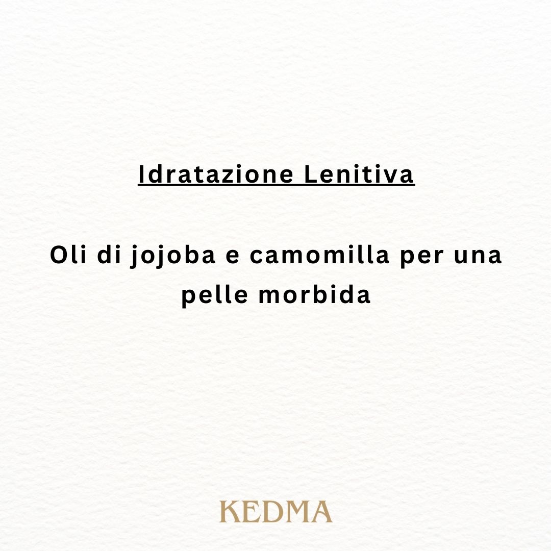 Testo su sfondo crema: Non adatto per: Pelli Molto Sensibili: Può necessitare di un test preliminare. Logo Kedma.