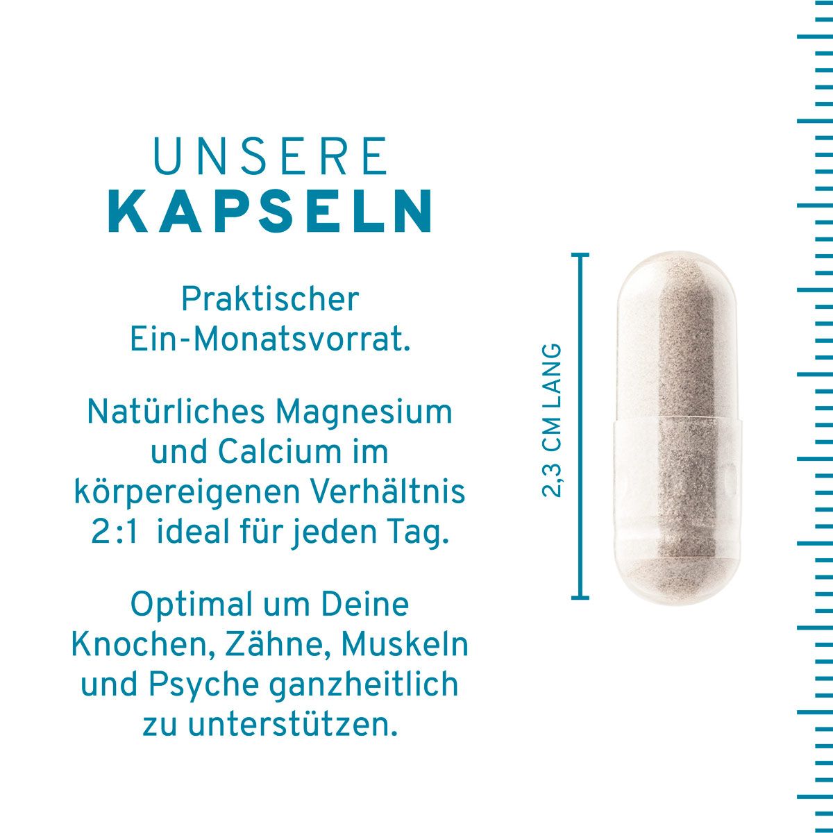 Kapsel, 2,3 cm lang. Text: Natürliches Magnesium und Calcium. Optimal für Knochen, Zähne, Muskeln und Psyche.